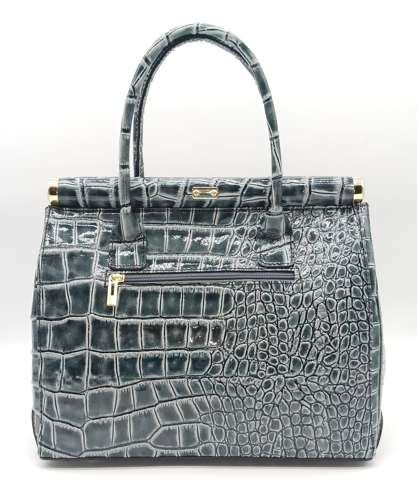 Lock & Key Shiny Croc Embossed Genuine Leather Handbag Satchel – Made In Italy - Gray