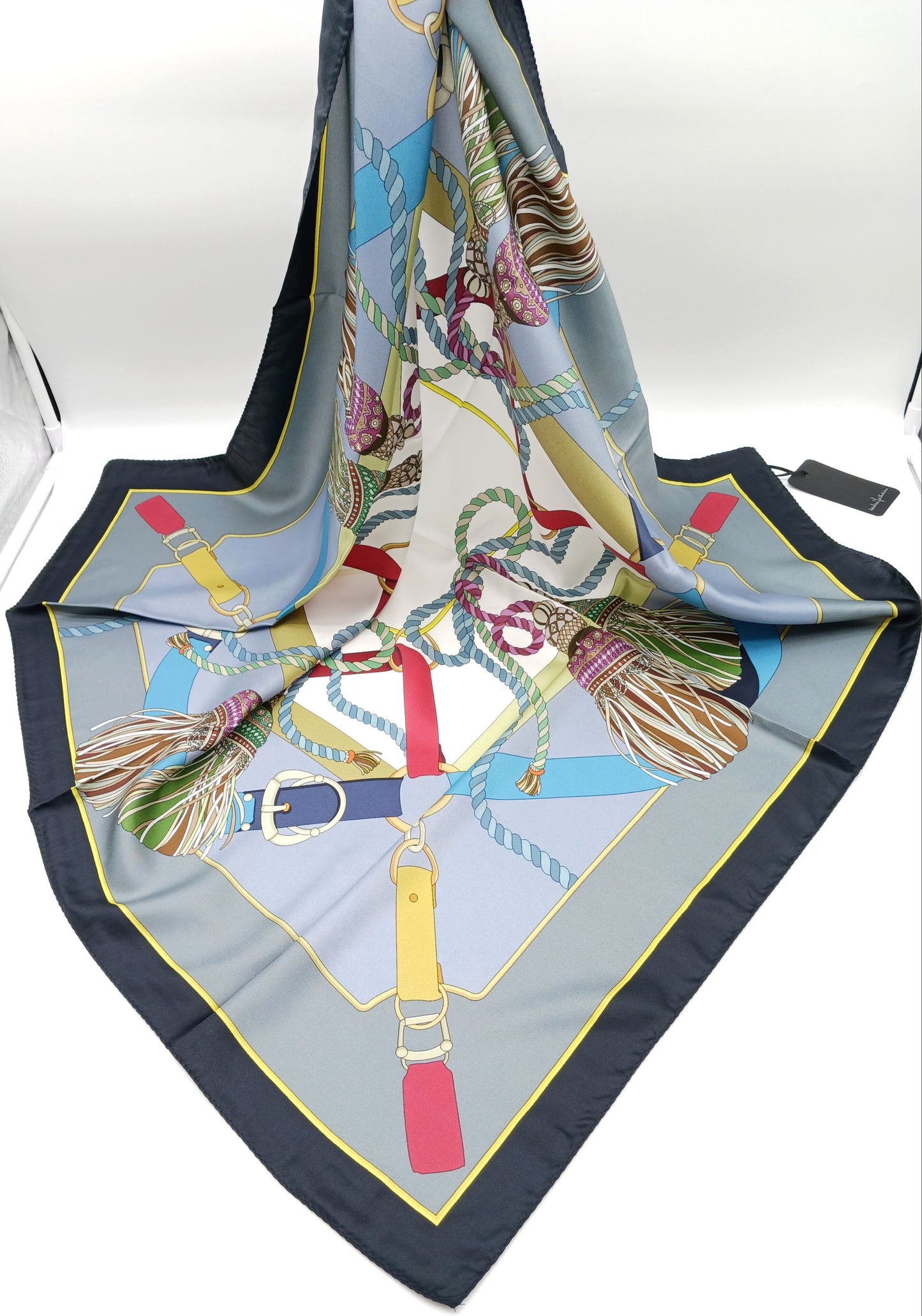 Tassel Buckle Design Silk Twill Square Scarf 35x35 – Made In Italy – Gray