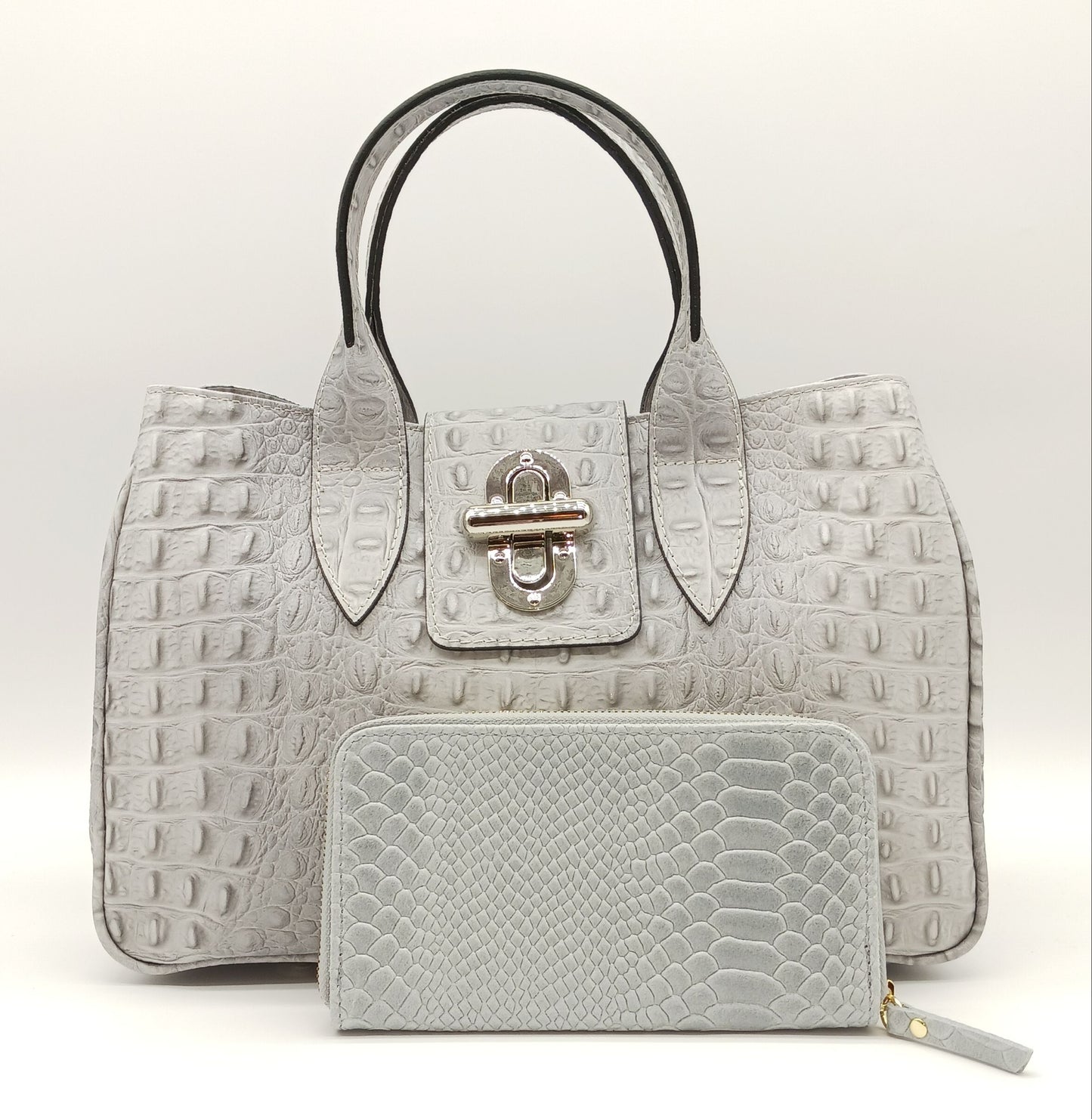 Genuine Snake Embossed Leather Zip Wallet – Made In Italy - Gray