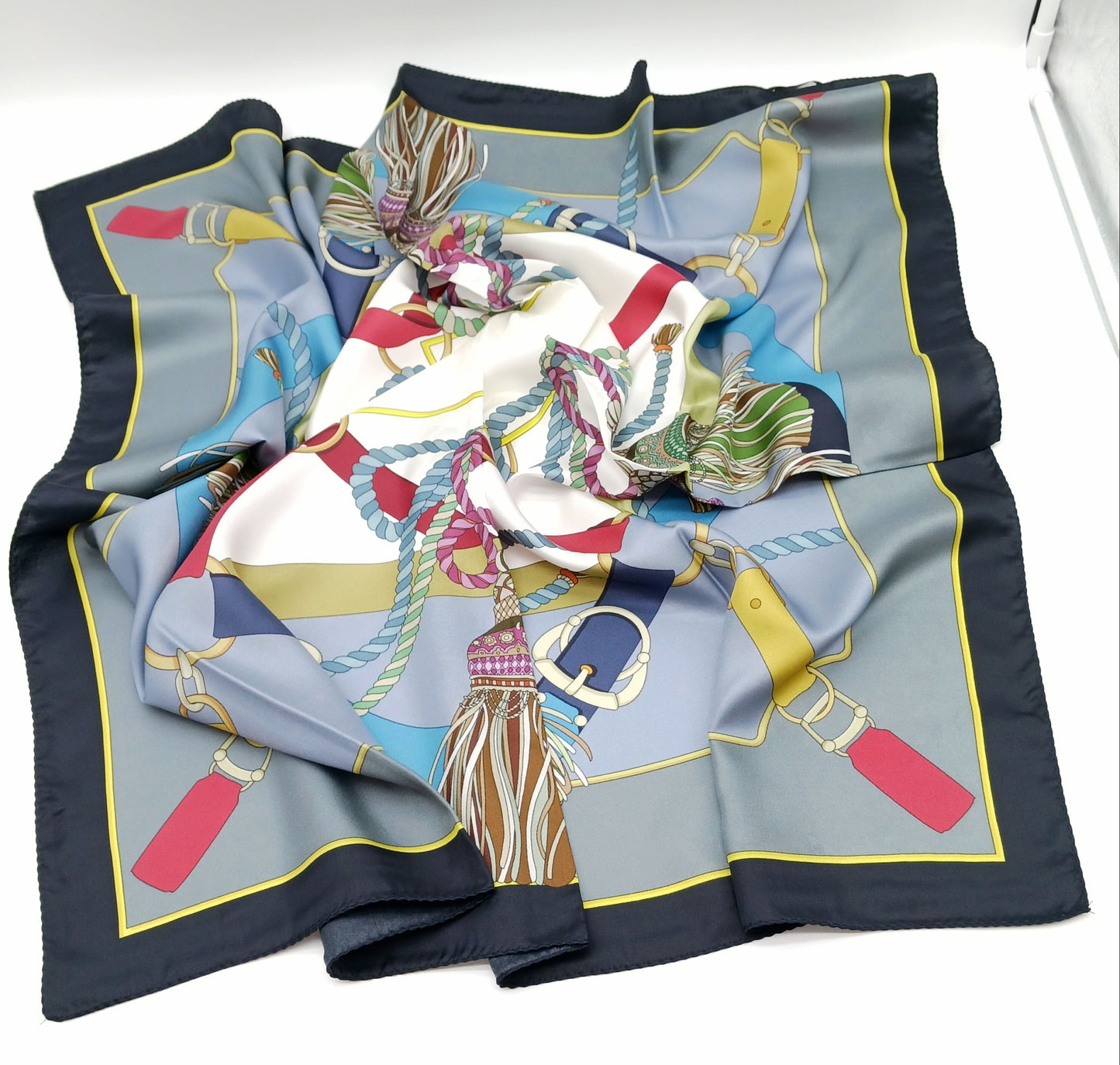 Tassel Buckle Design Silk Twill Square Scarf 35x35 – Made In Italy – Gray