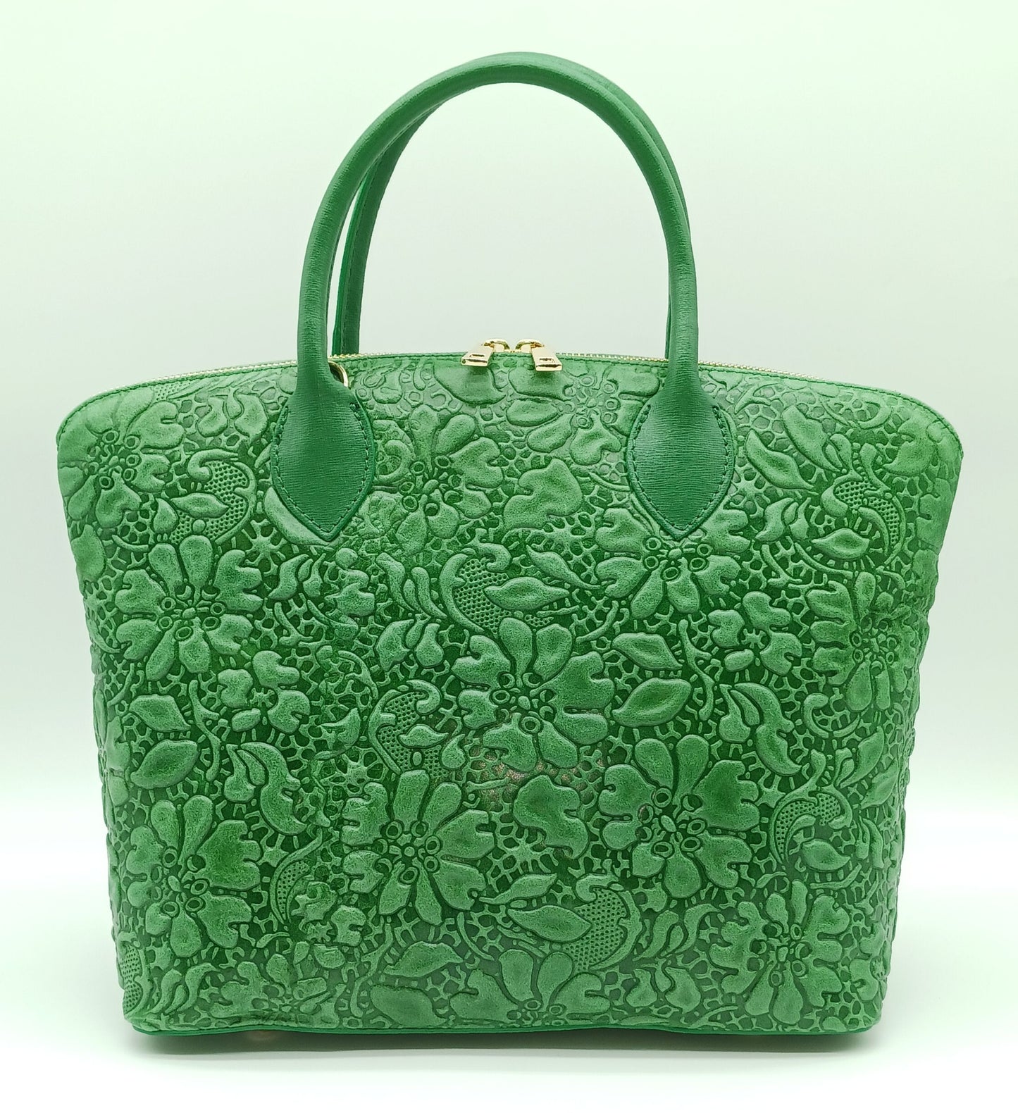 Green Genuine Leather Floral Embossed Handbag Satchel – Made In Italy