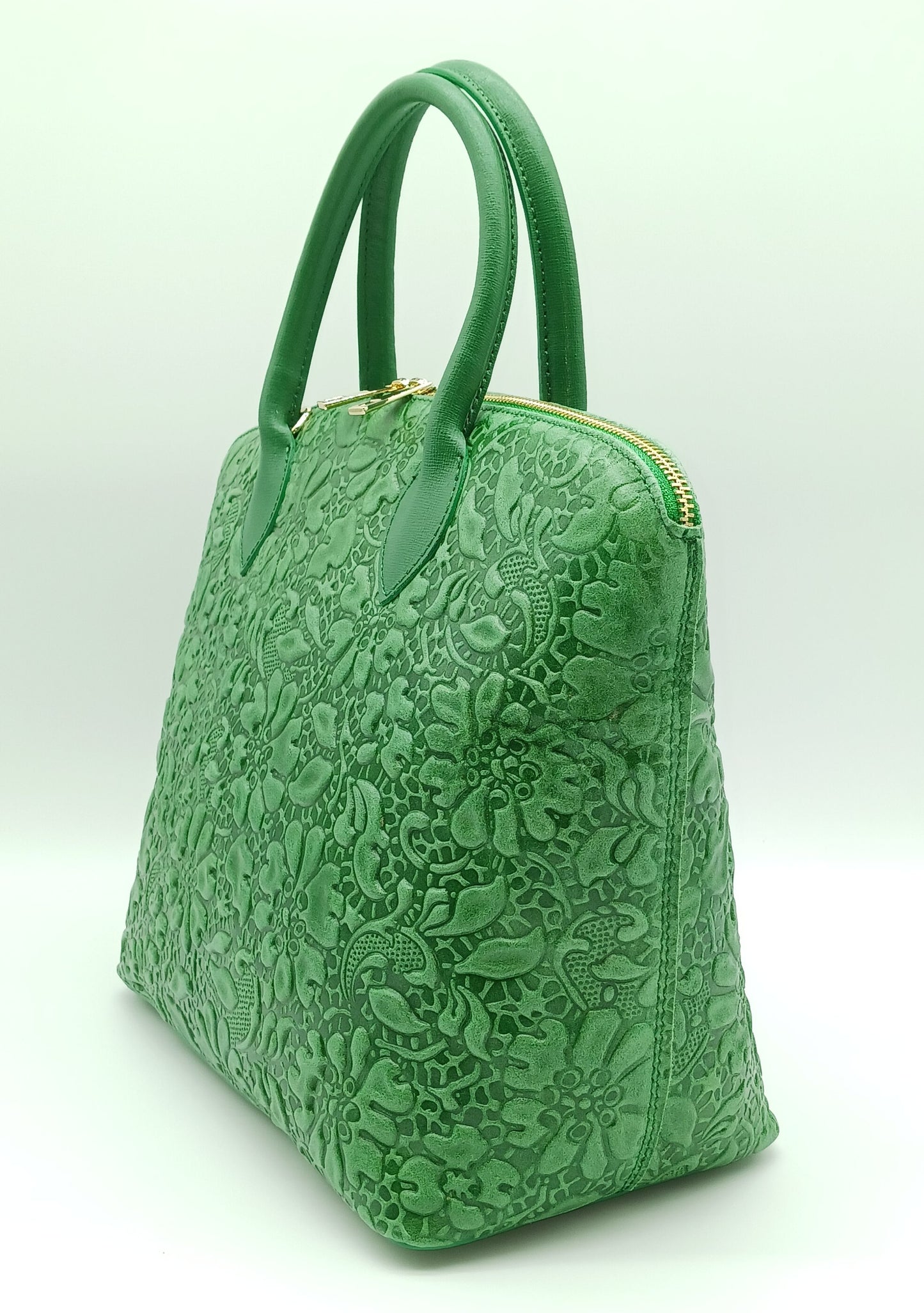 Green Genuine Leather Floral Embossed Handbag Satchel – Made In Italy