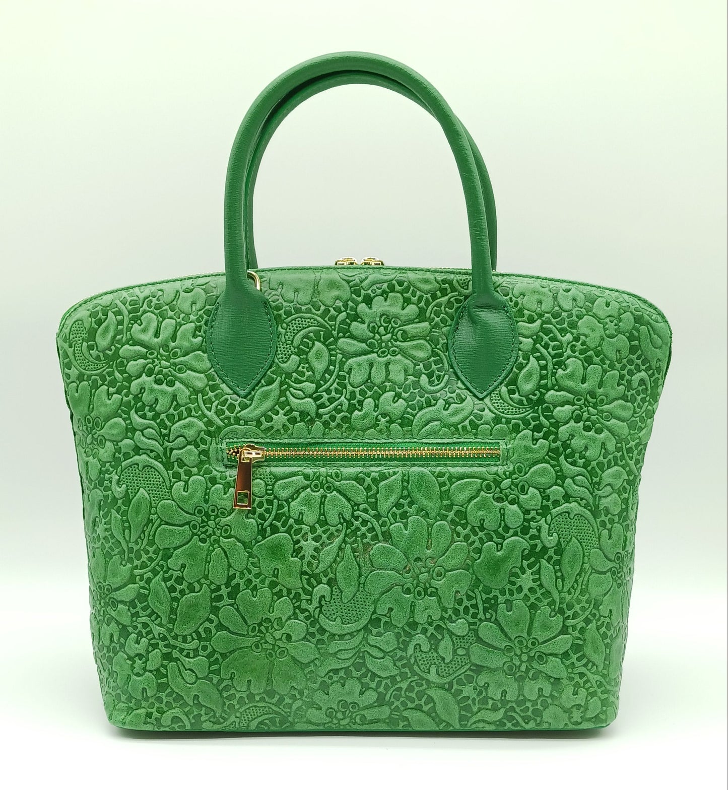 Green Genuine Leather Floral Embossed Handbag Satchel – Made In Italy