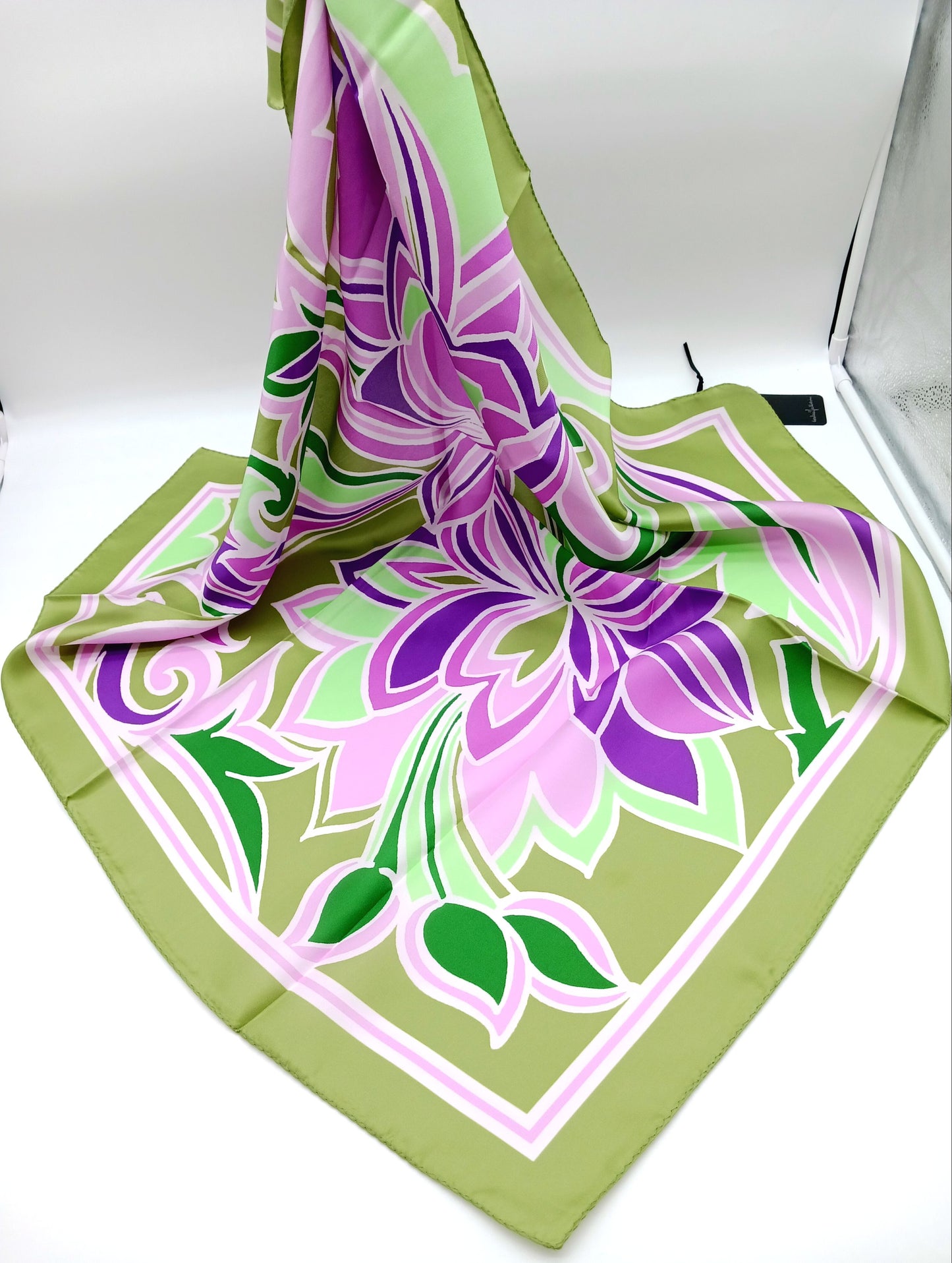 Floral Design Silk Twill Square Scarf 35x35 – Made In Italy – Green & Purple