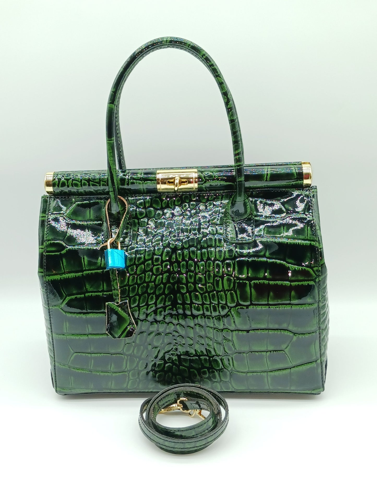 Lock & Key Shiny Croc Embossed Genuine Leather Handbag Satchel – Made In Italy - Green