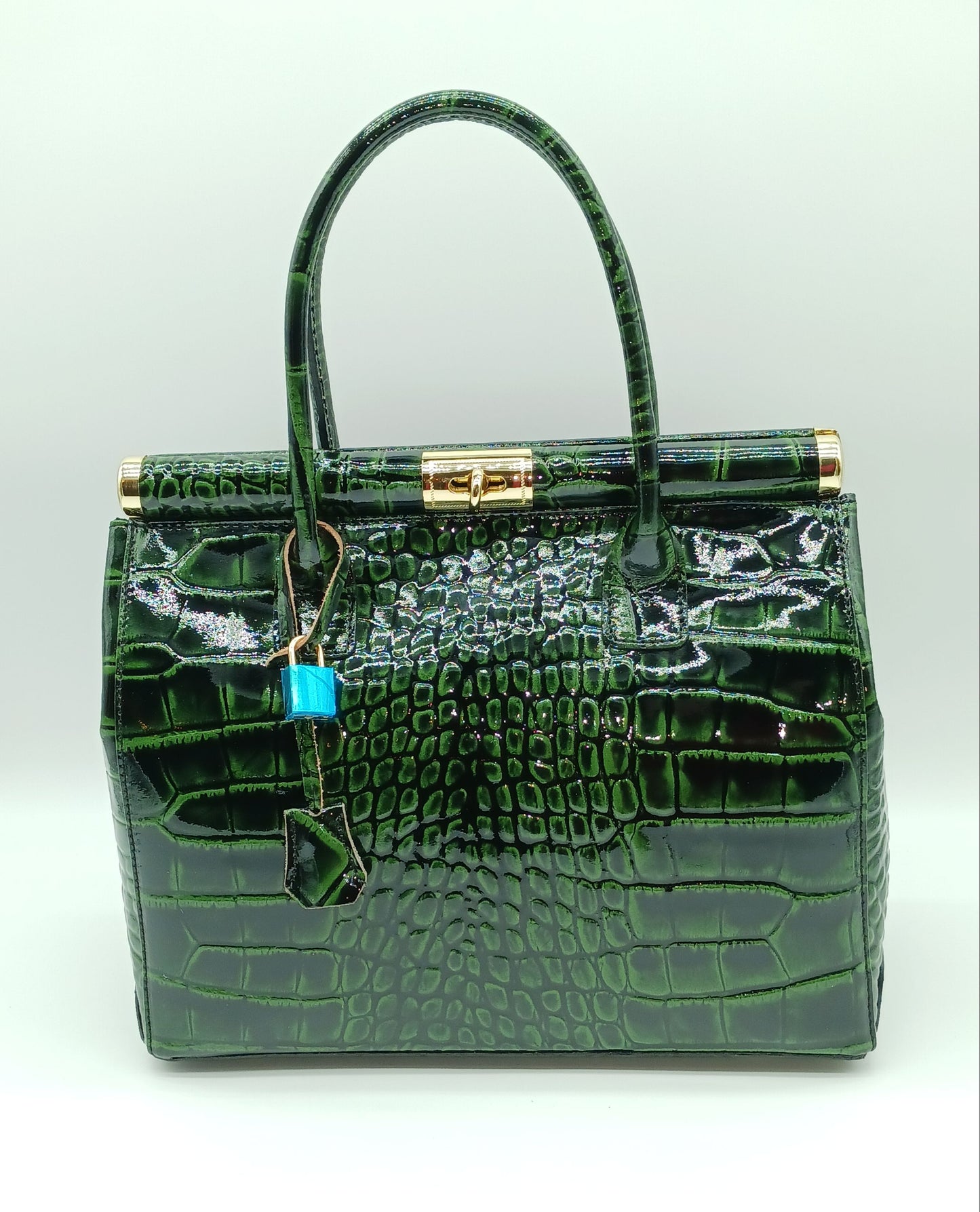 Lock & Key Shiny Croc Embossed Genuine Leather Handbag Satchel – Made In Italy - Green