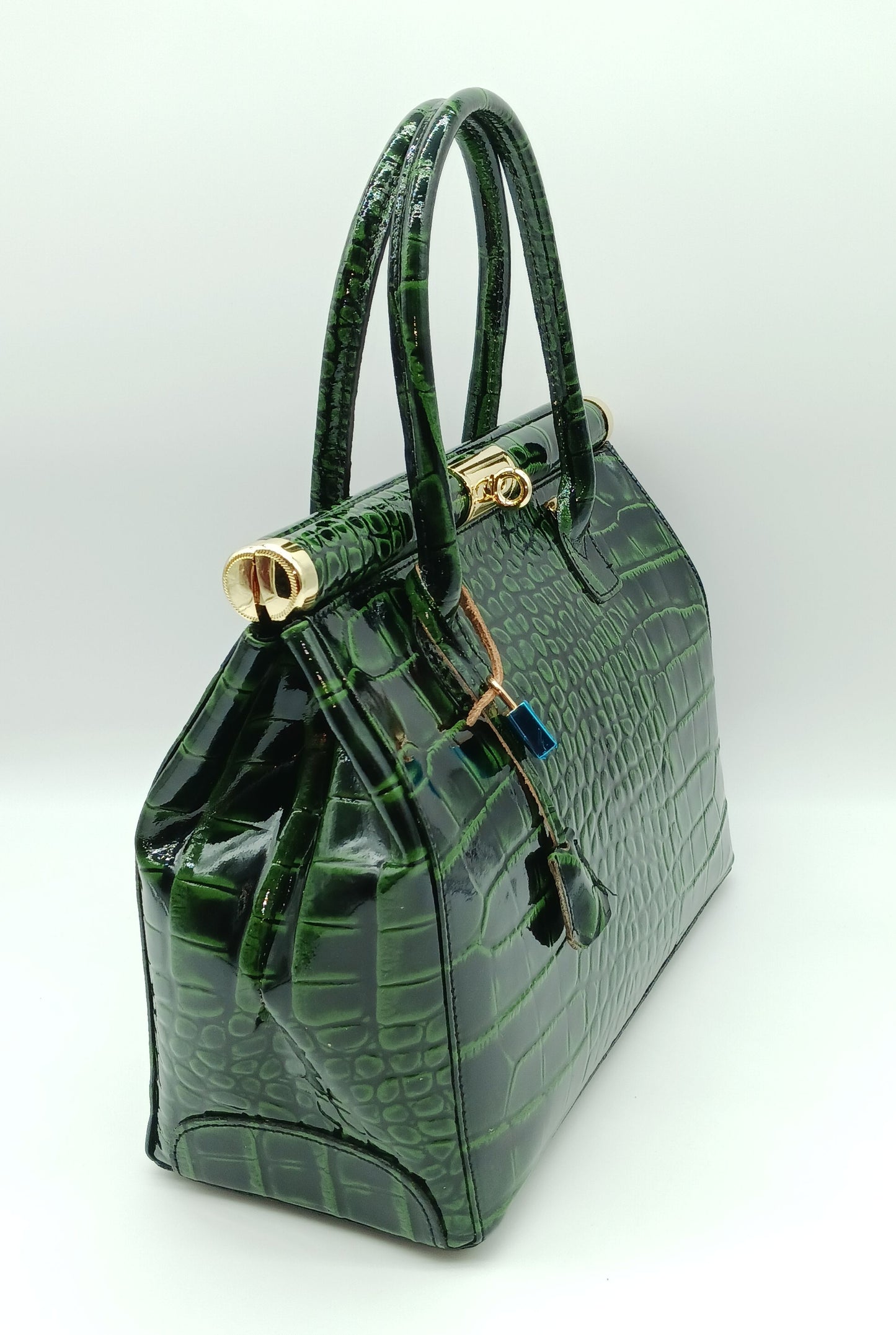 Lock & Key Shiny Croc Embossed Genuine Leather Handbag Satchel – Made In Italy - Green