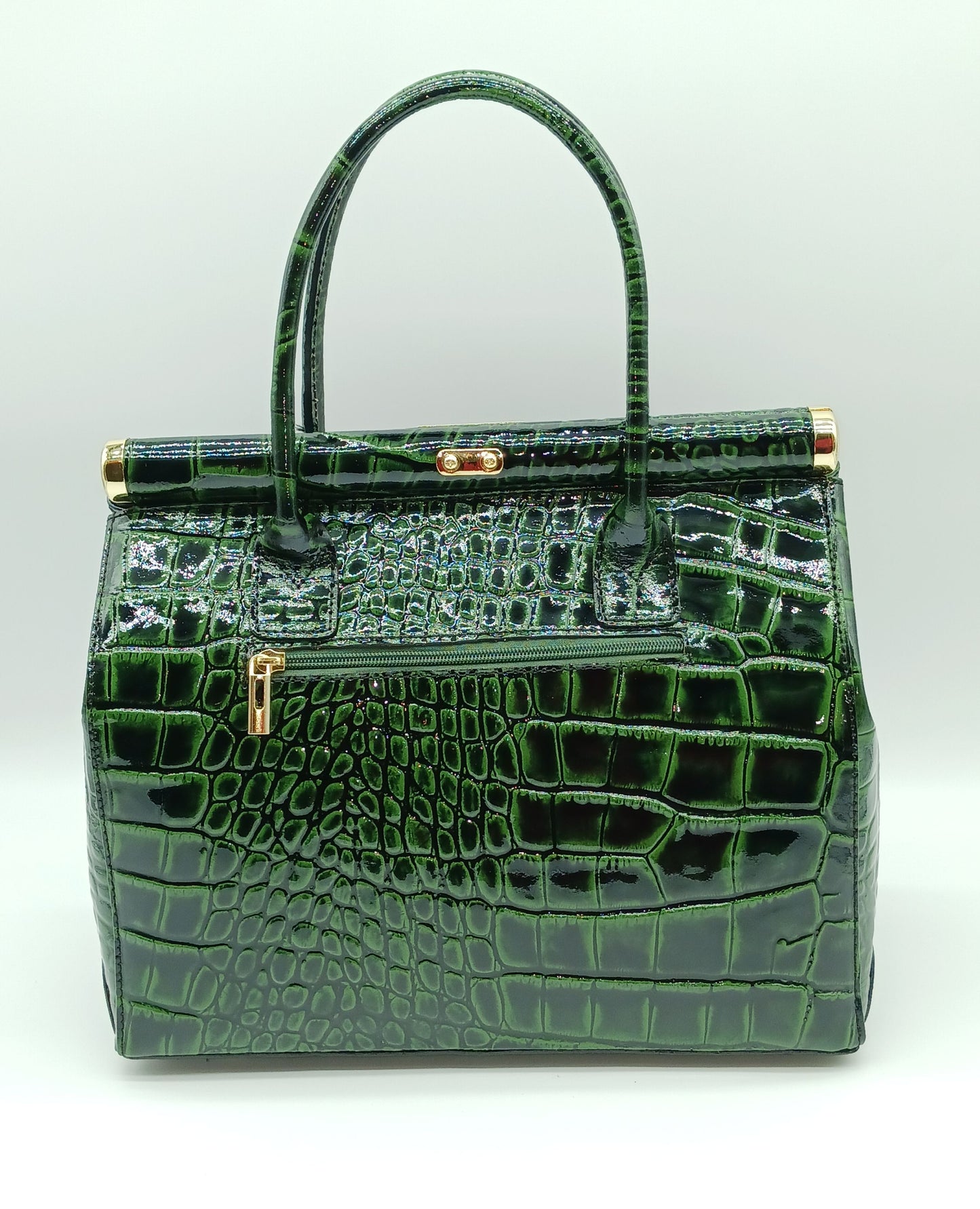 Lock & Key Shiny Croc Embossed Genuine Leather Handbag Satchel – Made In Italy - Green