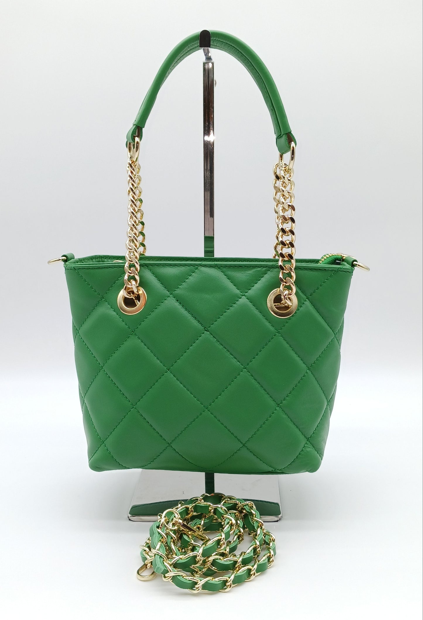 Genuine Leather Small Quilted Tote Crossbody Handbag – Made In Italy - Green