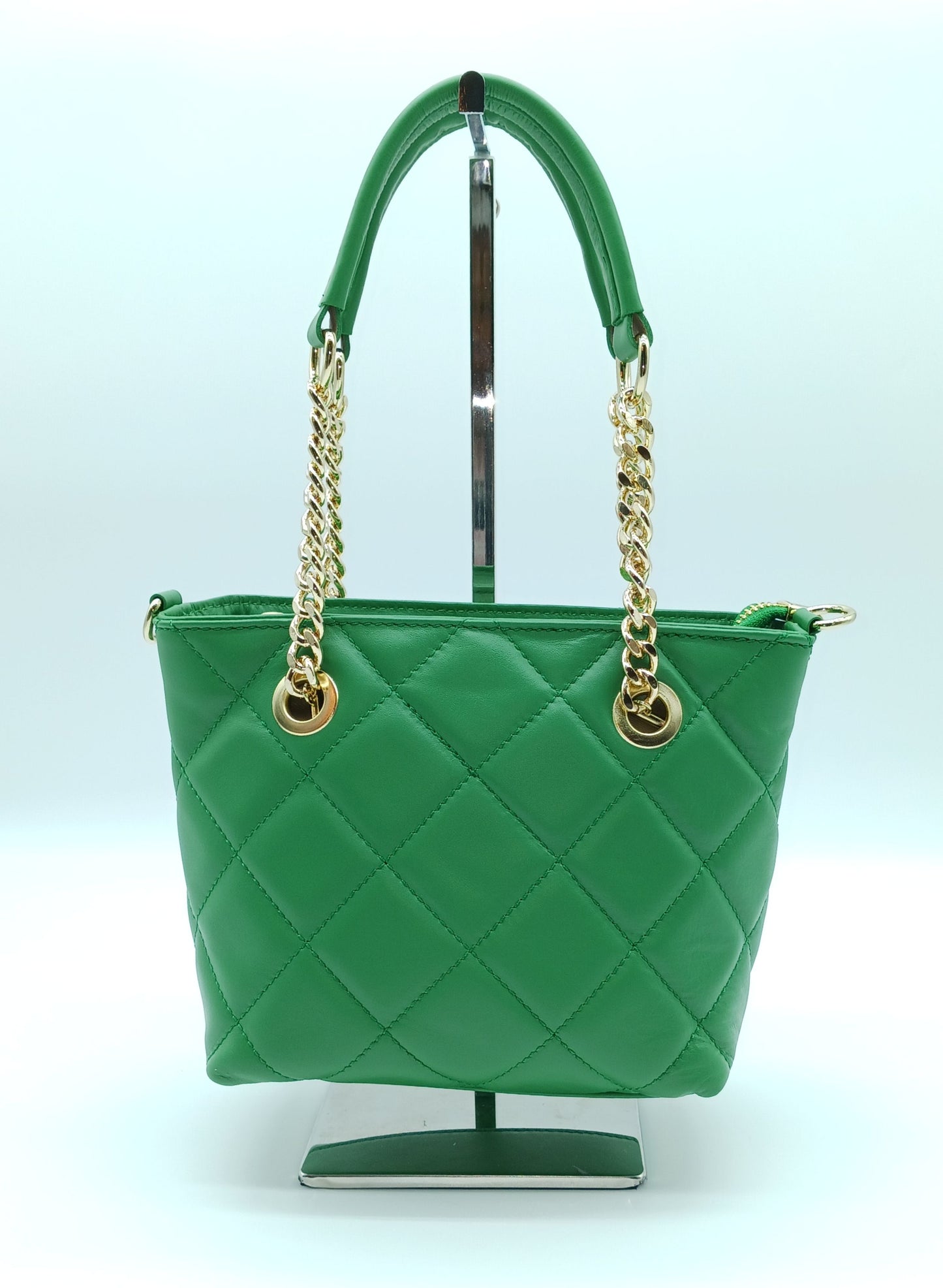Genuine Leather Small Quilted Tote Crossbody Handbag – Made In Italy - Green