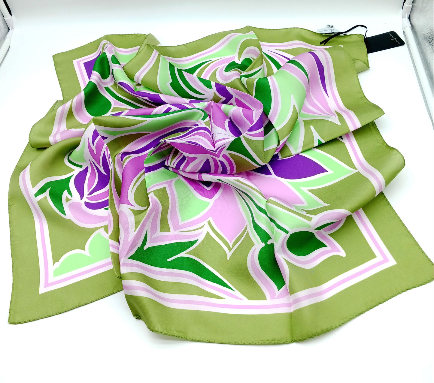 Floral Design Silk Twill Square Scarf 35x35 – Made In Italy – Green & Purple
