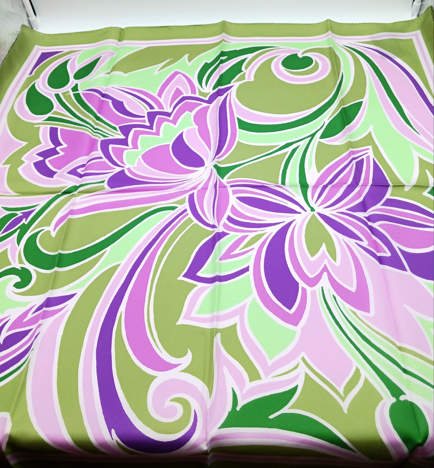 Floral Design Silk Twill Square Scarf 35x35 – Made In Italy – Green & Purple