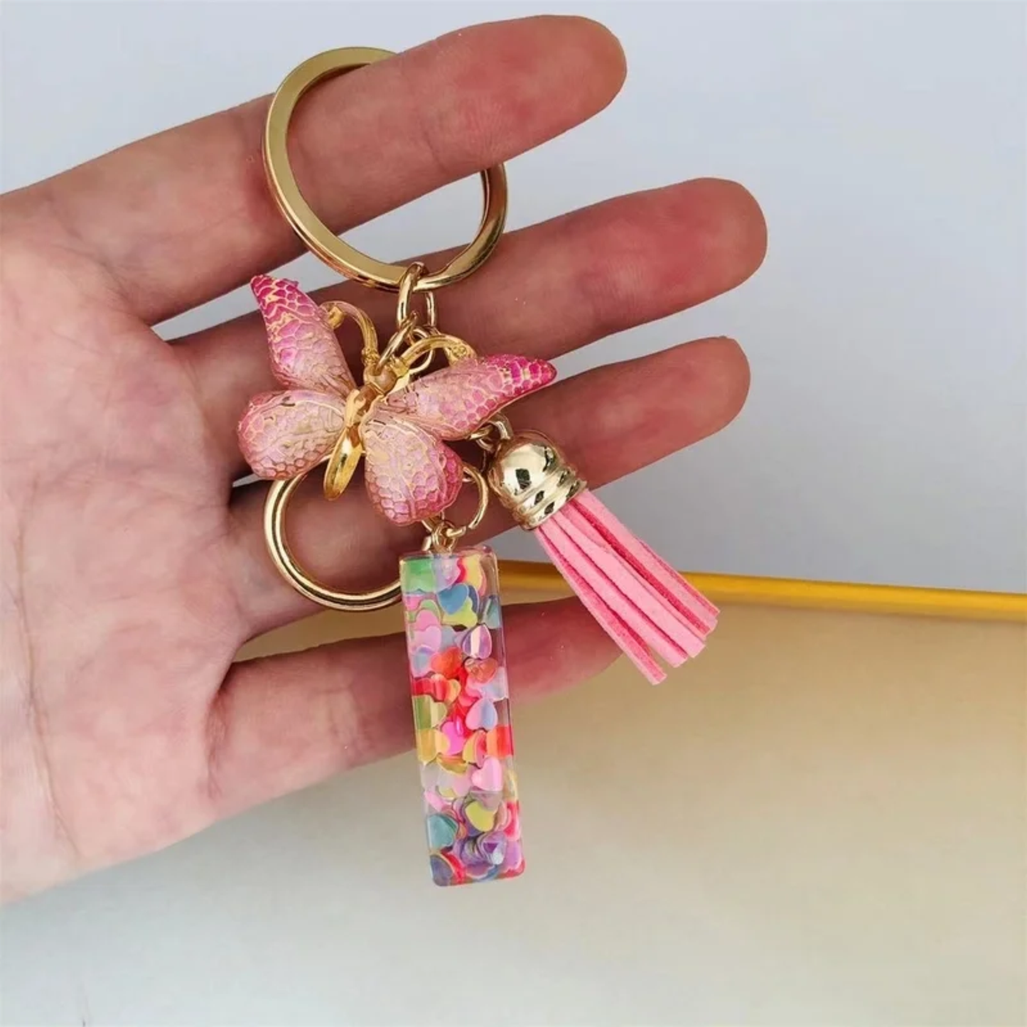 Pink Personalized Resin Alphabet Initial Tassel Butterfly Keychain Bag Charm