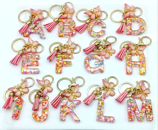 Pink Personalized Resin Alphabet Initial Tassel Butterfly Keychain Bag Charm