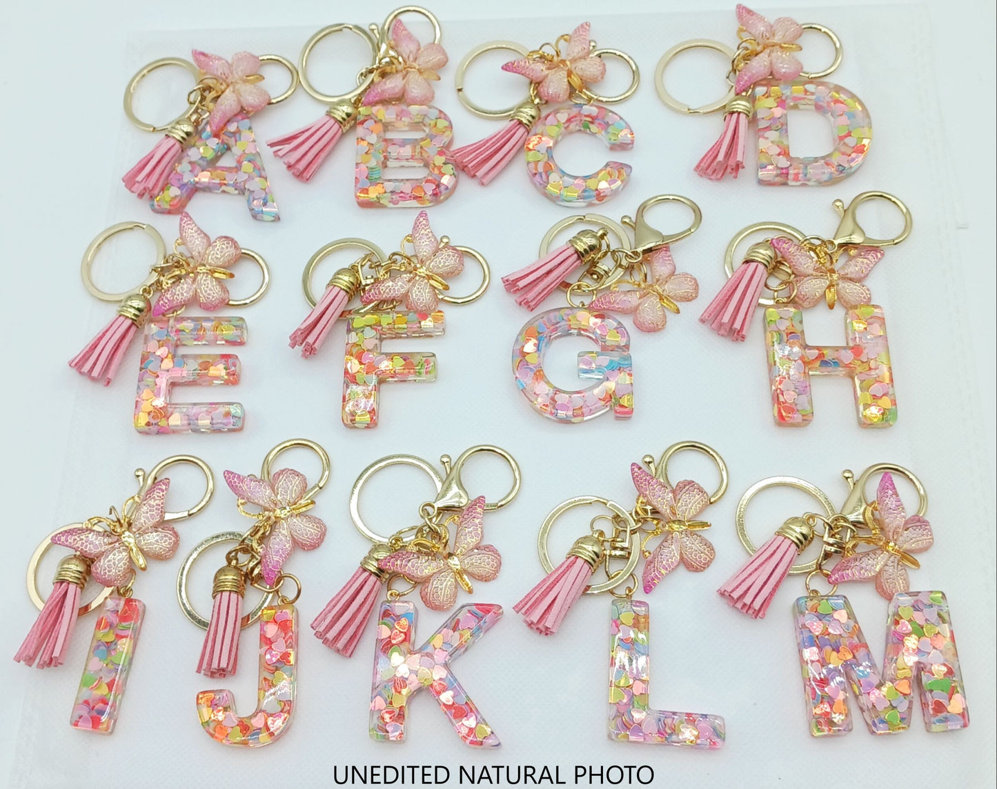 Pink Personalized Resin Alphabet Initial Tassel Butterfly Keychain Bag Charm