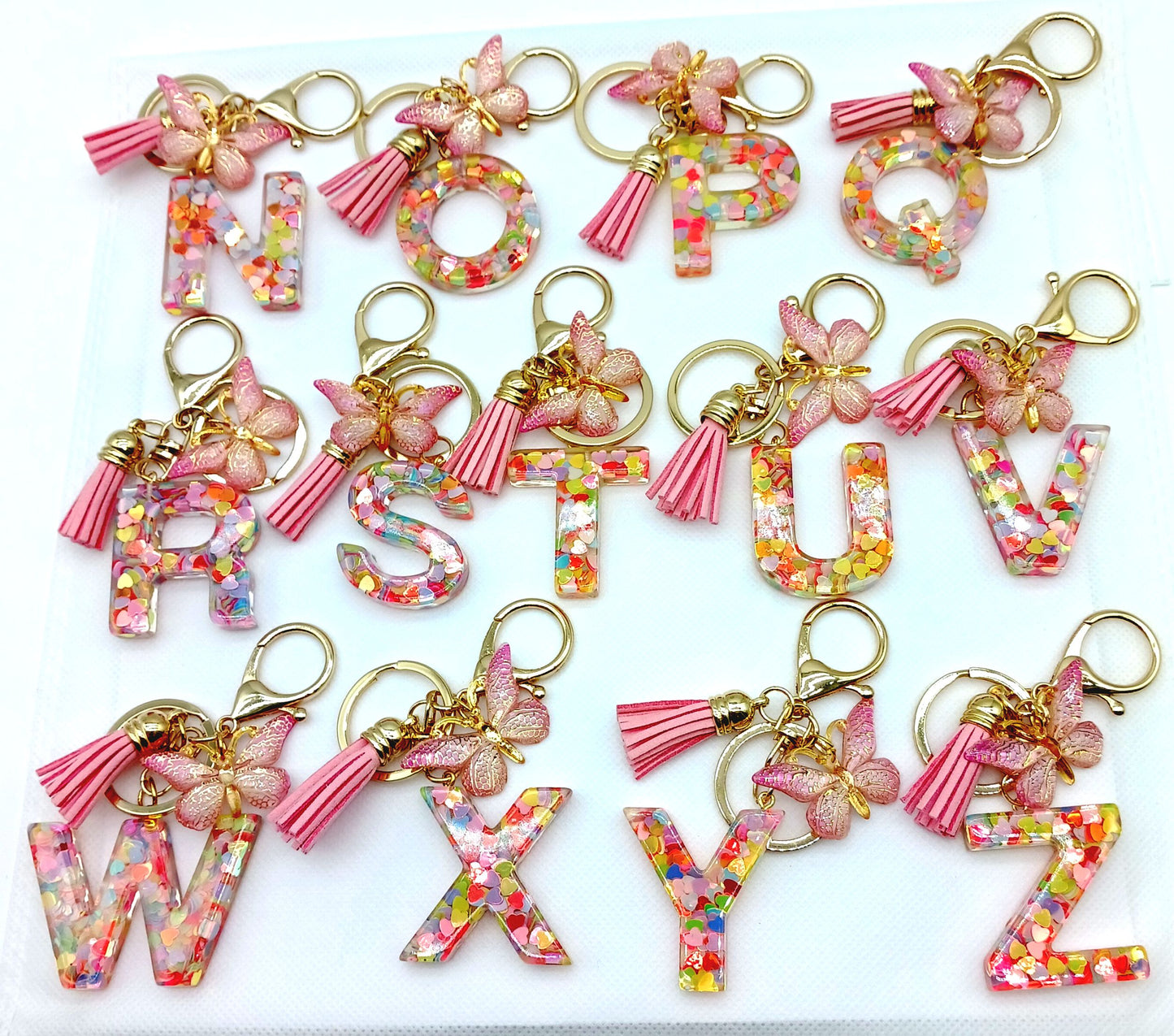 Pink Personalized Resin Alphabet Initial Tassel Butterfly Keychain Bag Charm