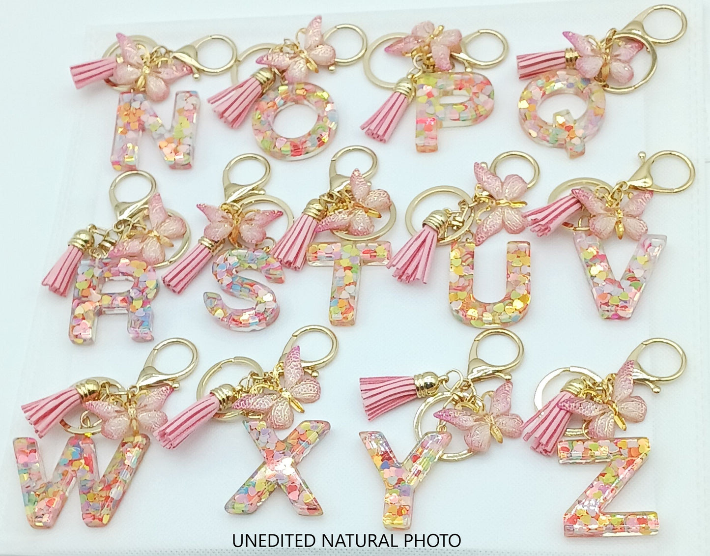 Pink Personalized Resin Alphabet Initial Tassel Butterfly Keychain Bag Charm