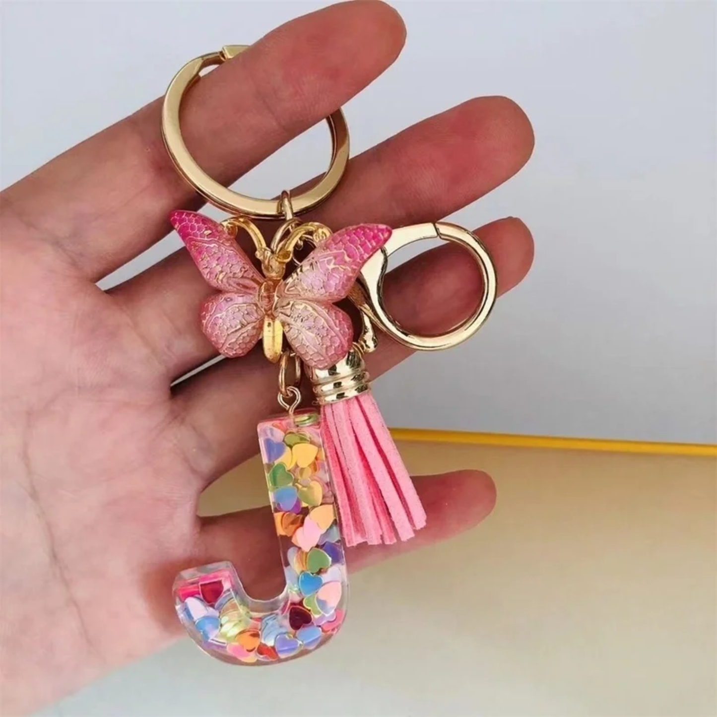 Pink Personalized Resin Alphabet Initial Tassel Butterfly Keychain Bag Charm