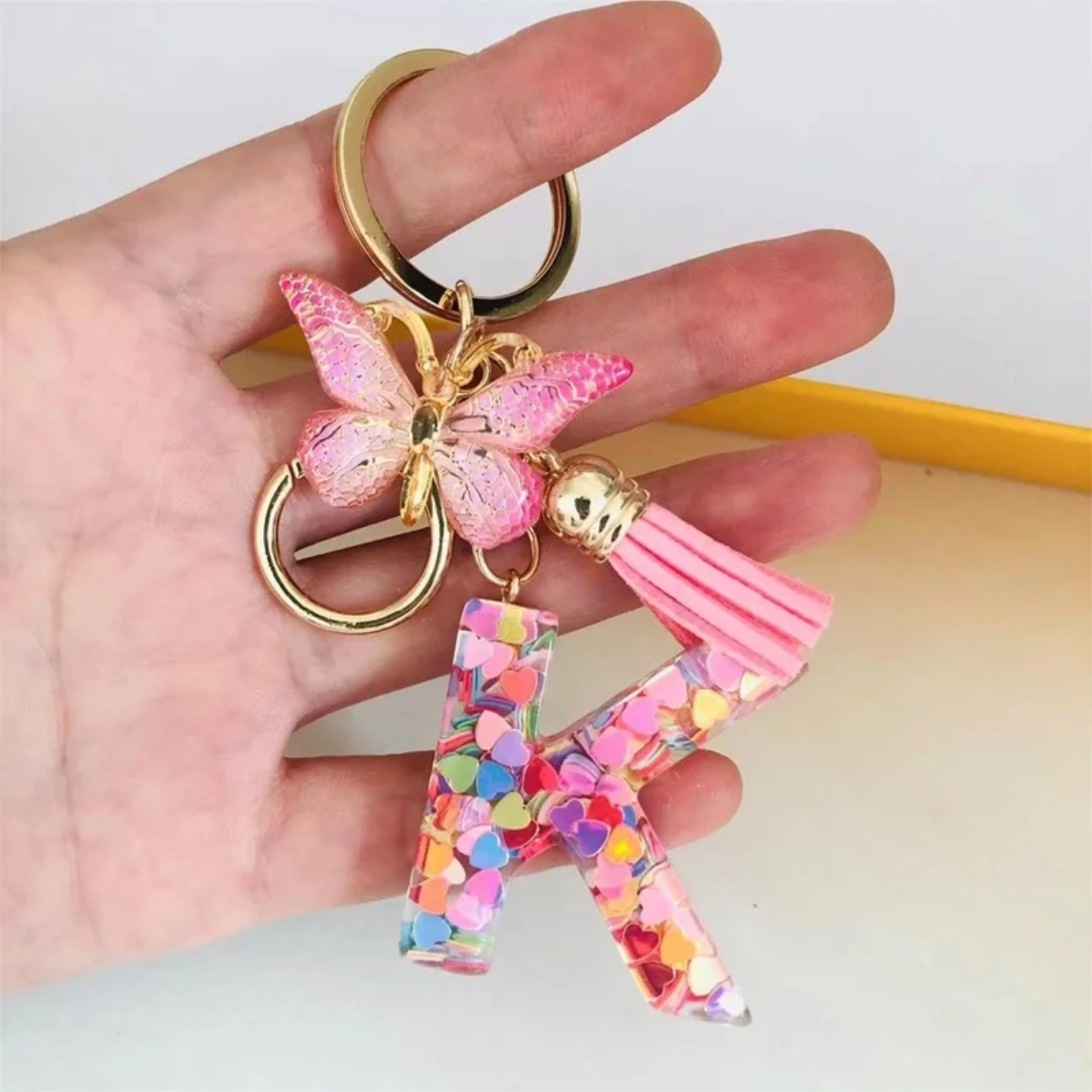 Pink Personalized Resin Alphabet Initial Tassel Butterfly Keychain Bag Charm
