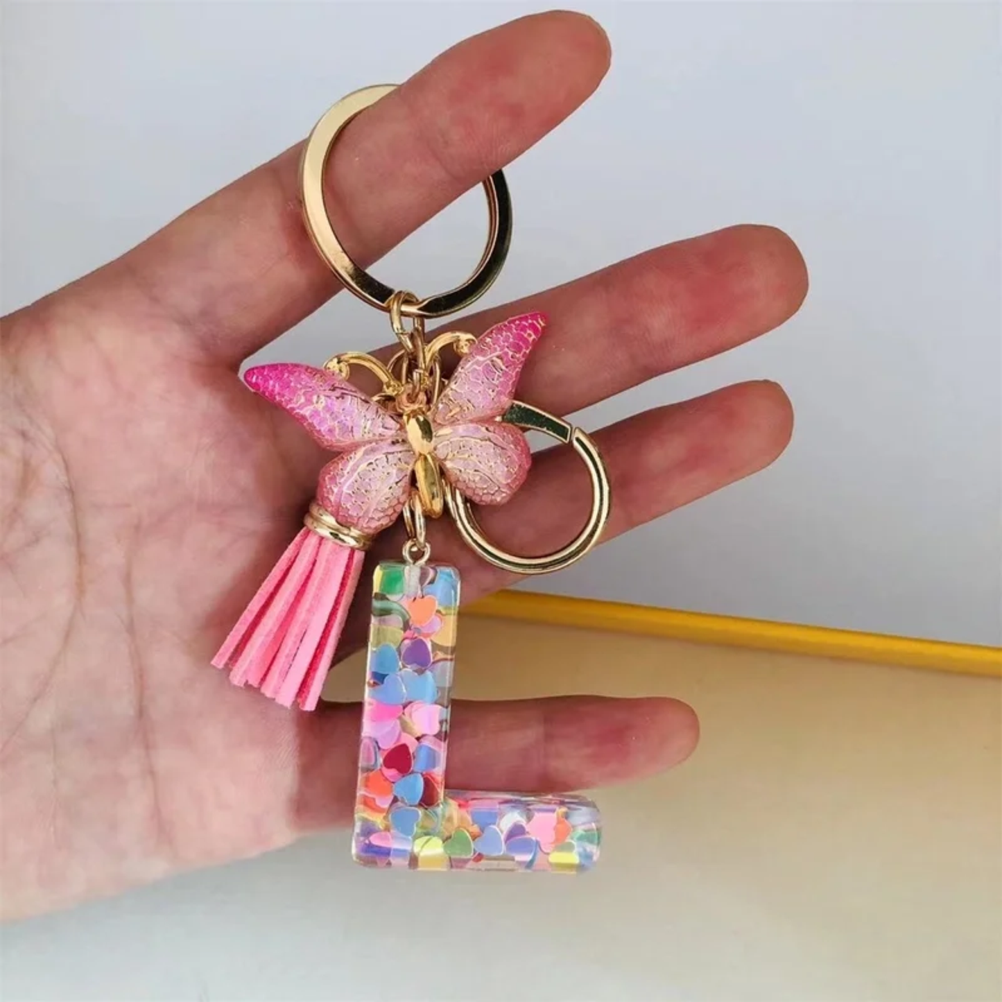 Pink Personalized Resin Alphabet Initial Tassel Butterfly Keychain Bag Charm