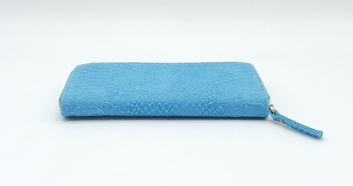 Genuine Snake Embossed Leather Zip Wallet – Made In Italy - Light Blue