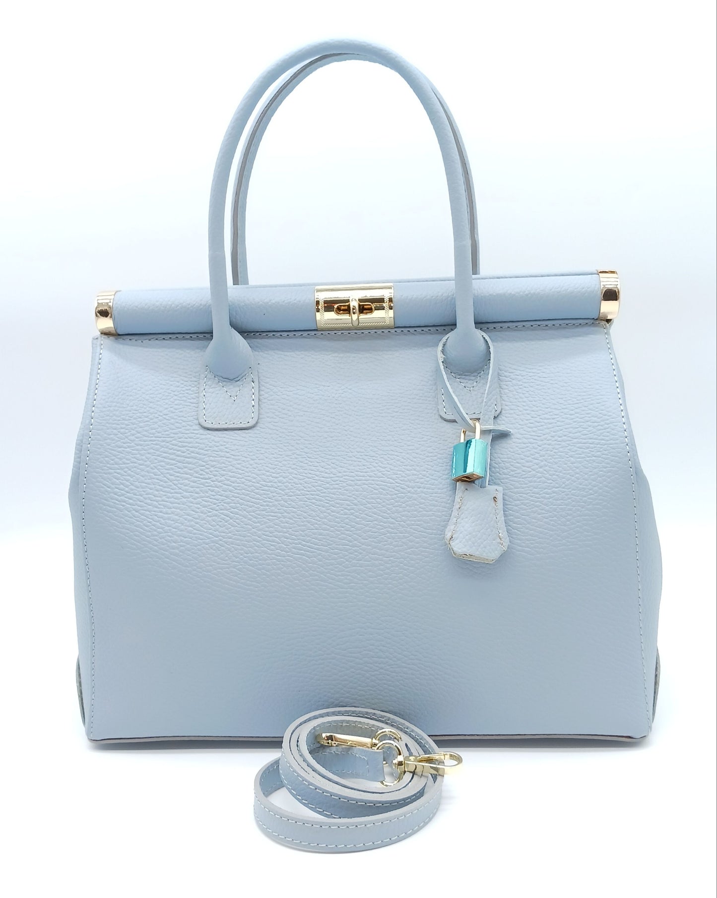 Lock & Key Genuine Pebble Leather Handbag Satchel - Light Blue – Made In Italy