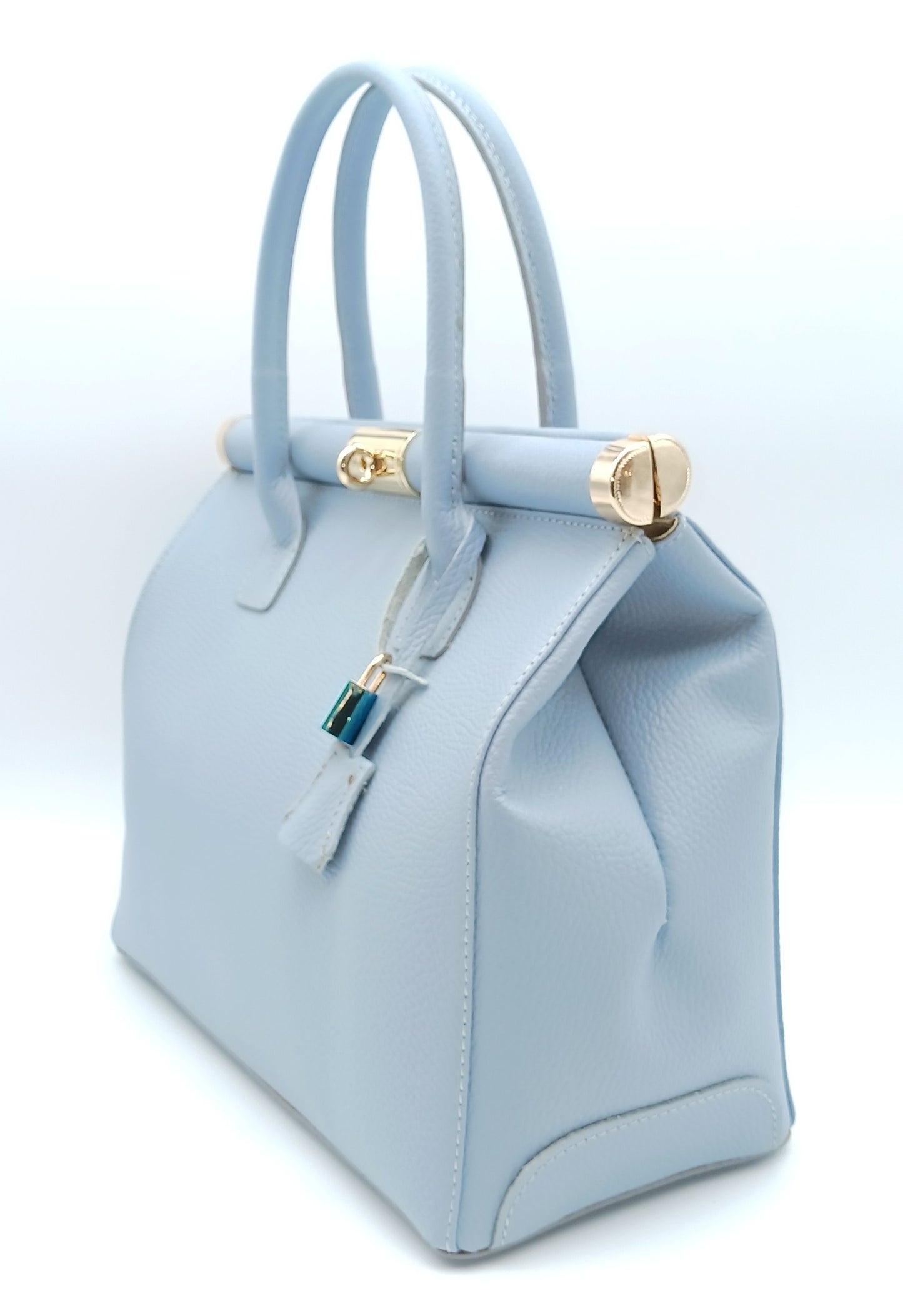 Lock & Key Genuine Pebble Leather Handbag Satchel - Light Blue – Made In Italy