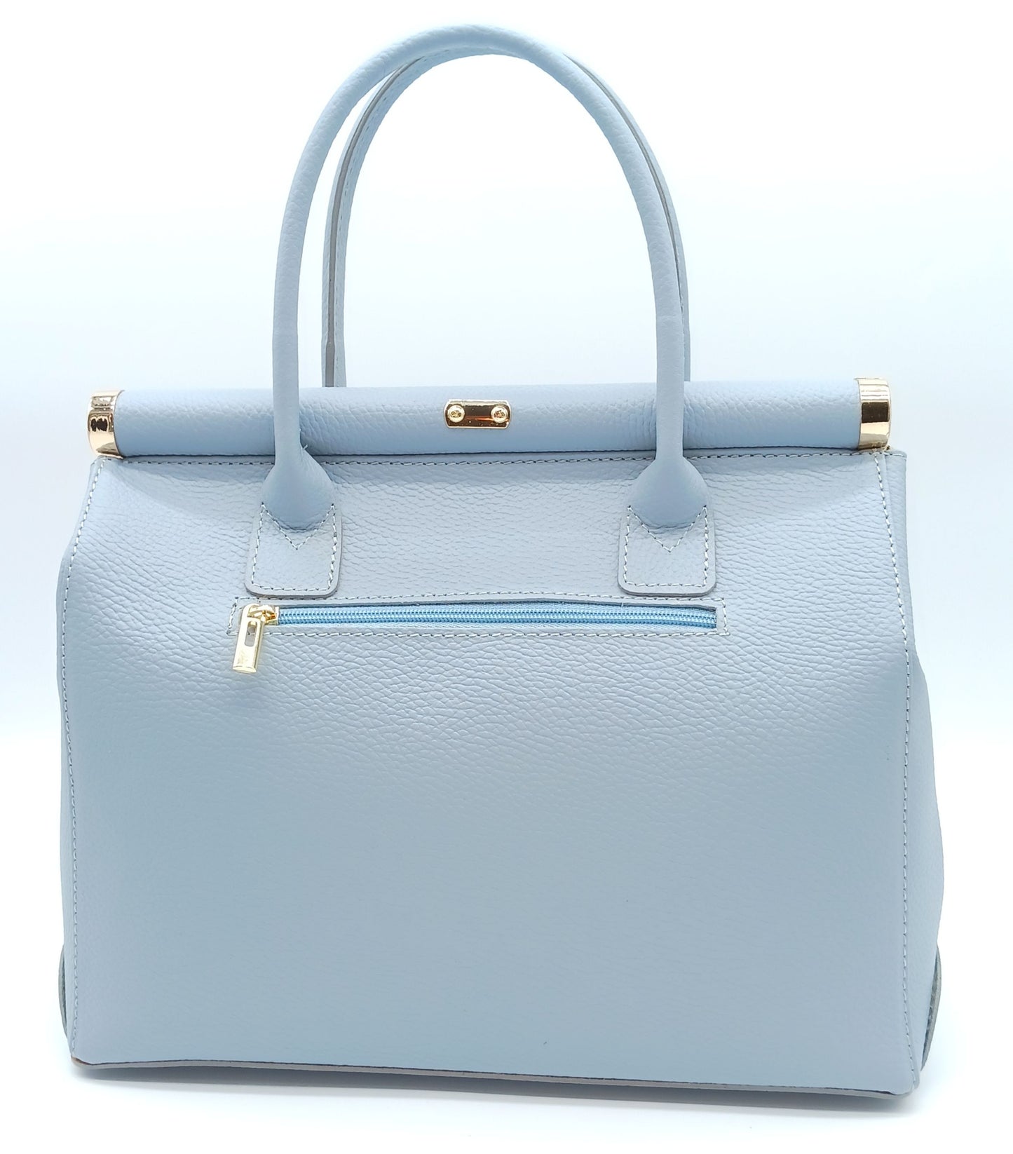 Lock & Key Genuine Pebble Leather Handbag Satchel - Light Blue – Made In Italy