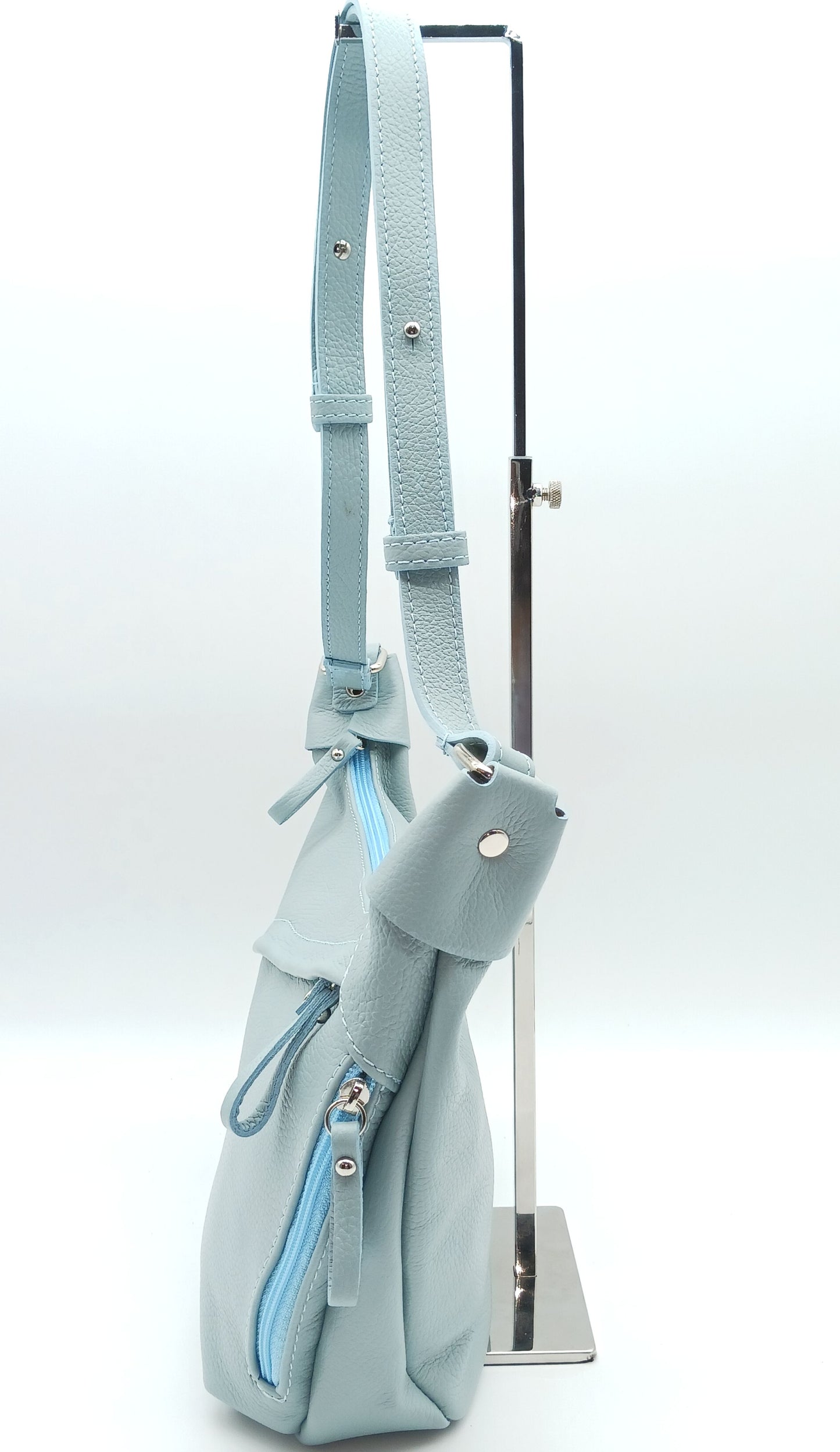 Genuine Pebble Leather Shoulder Handbag – Made In Italy - Light Blue