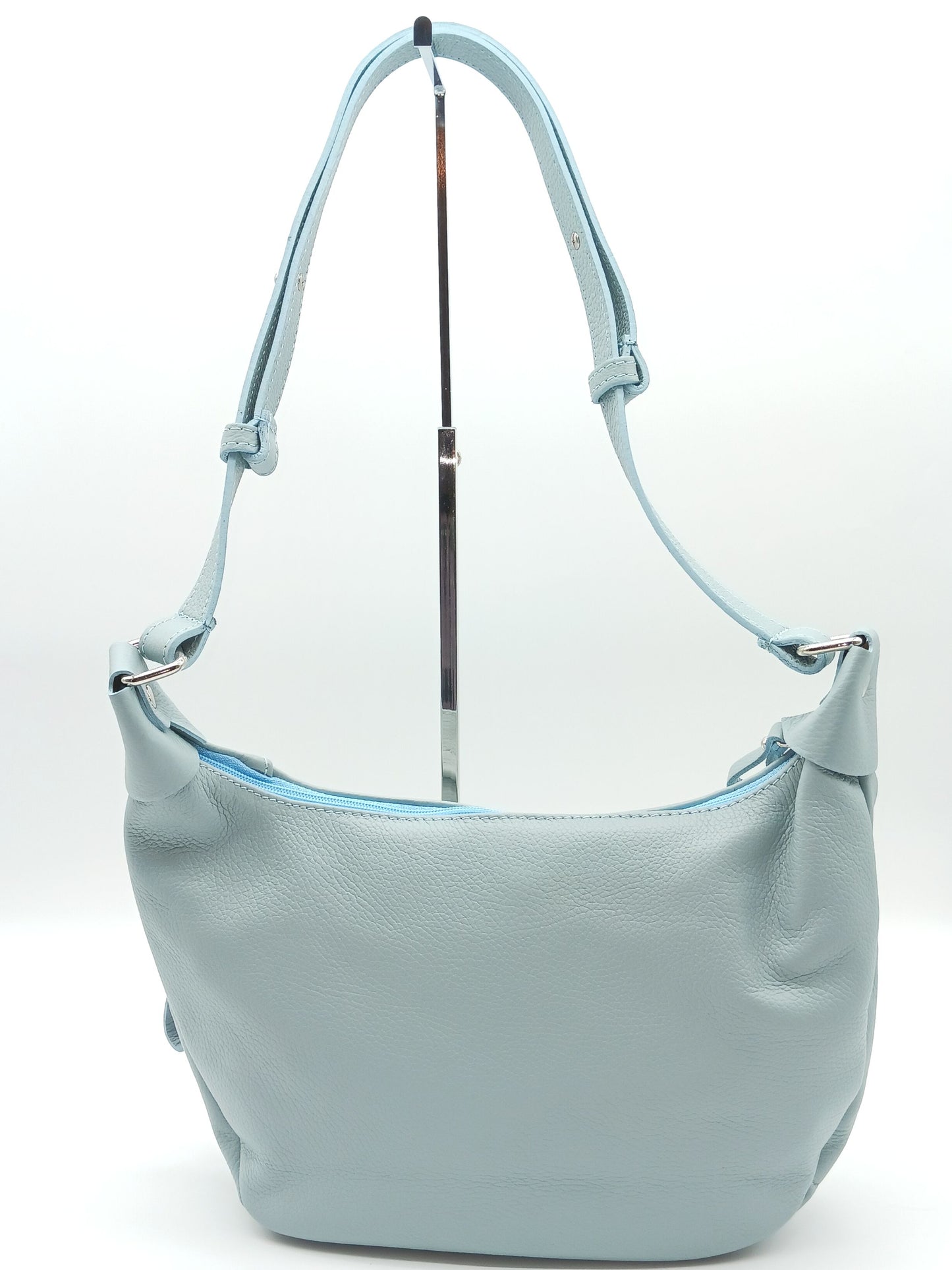 Genuine Pebble Leather Shoulder Handbag – Made In Italy - Light Blue