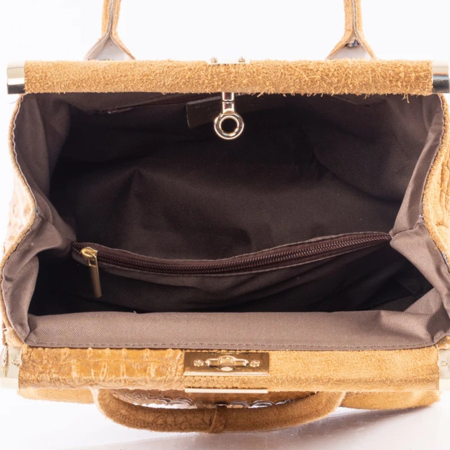 Lock & Key Genuine Croc Embossed Leather Suede Handbag Satchel - Light Brown – Made In Italy - DumasvilleBoutique