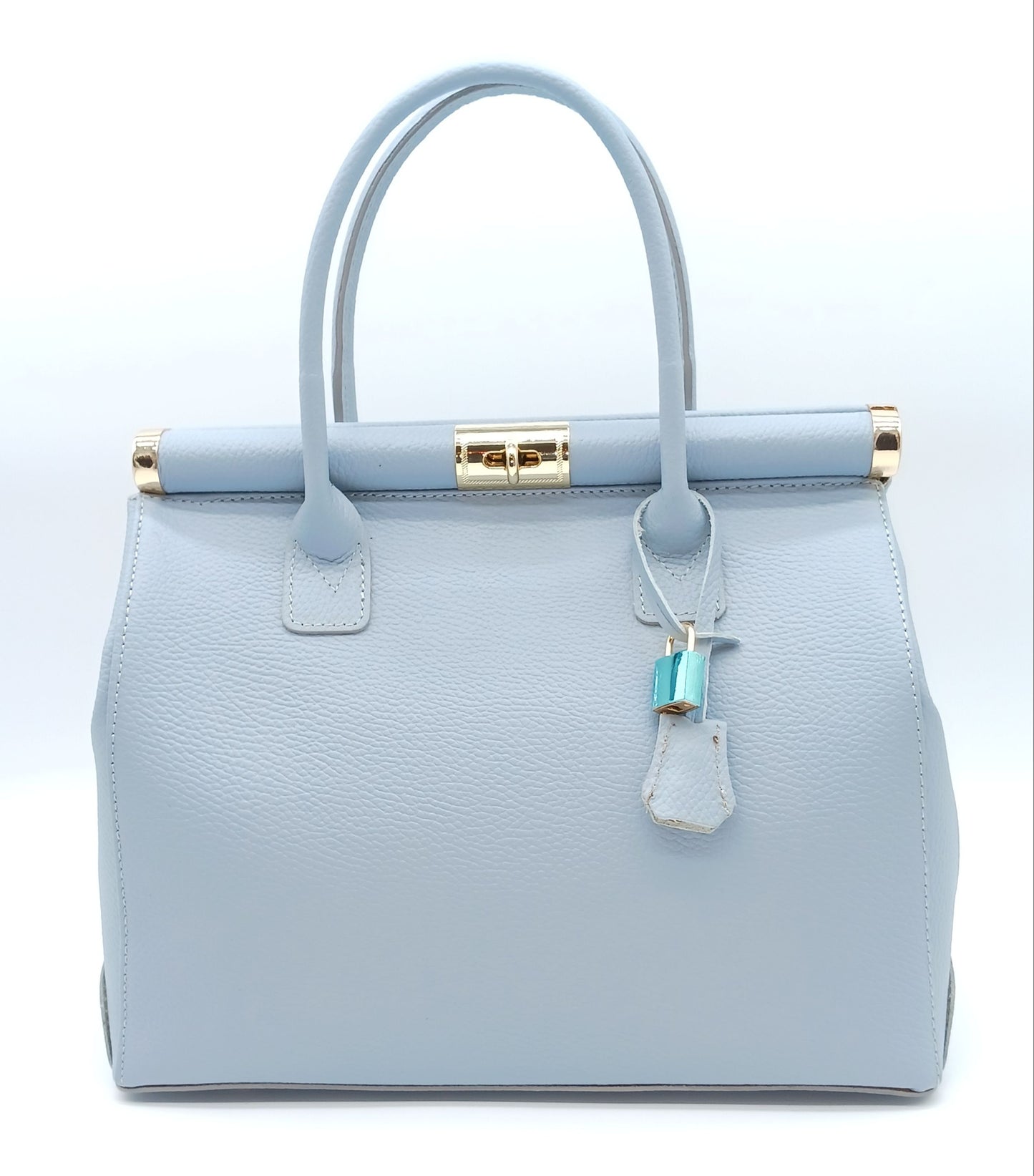 Lock & Key Genuine Pebble Leather Handbag Satchel - Light Blue – Made In Italy