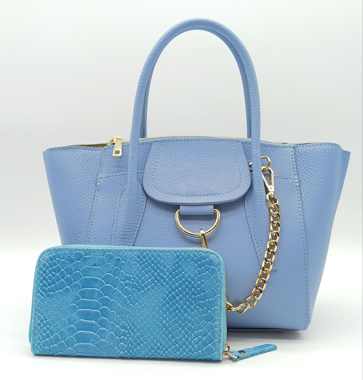 Genuine Snake Embossed Leather Zip Wallet – Made In Italy - Light Blue
