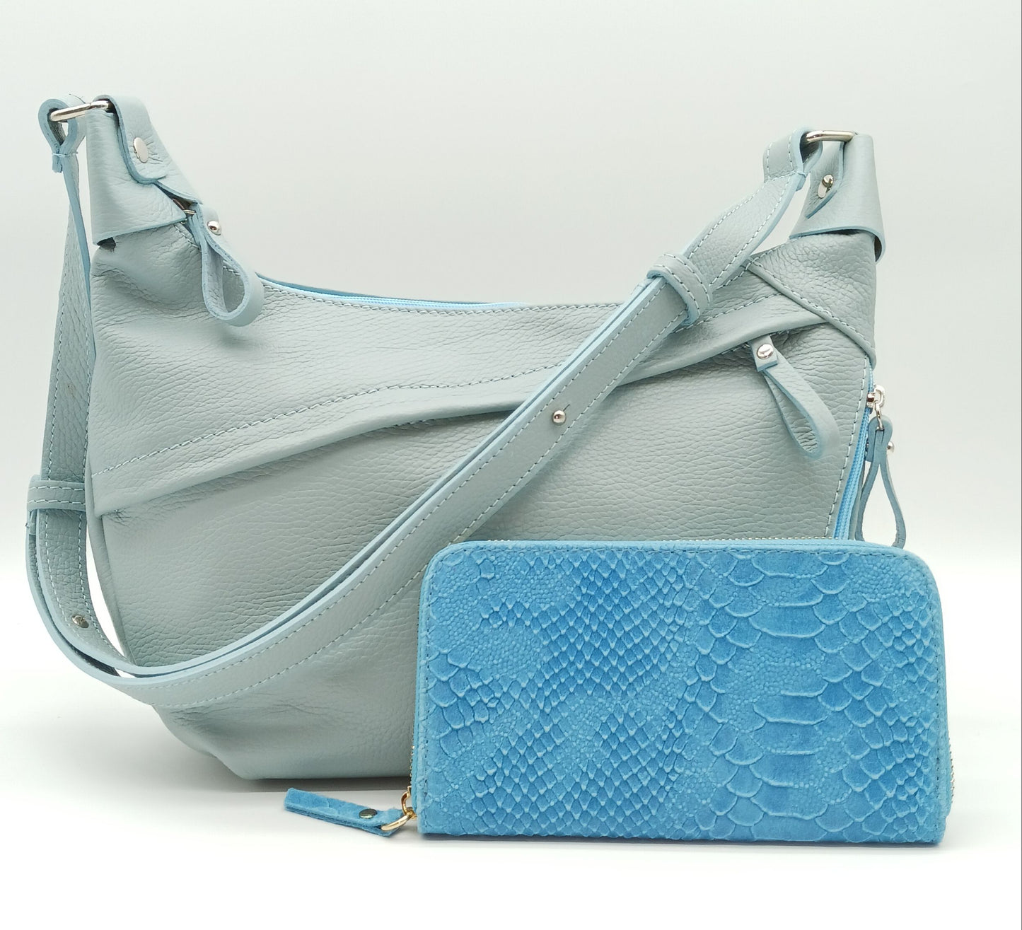 Genuine Snake Embossed Leather Zip Wallet – Made In Italy - Light Blue