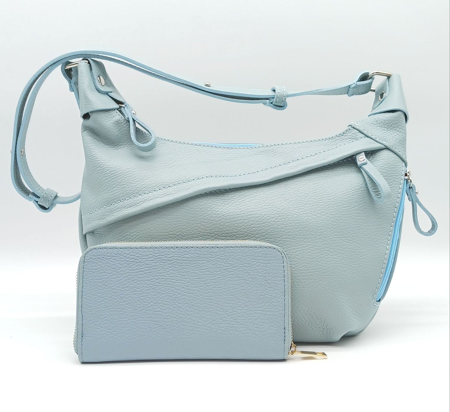 Genuine Pebble Leather Zip Wallet – Made In Italy - Light Blue