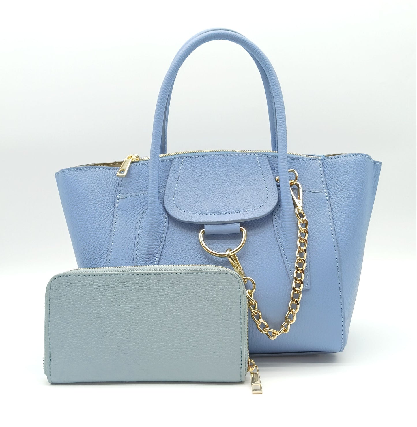 Genuine Pebble Leather Zip Wallet – Made In Italy - Light Blue