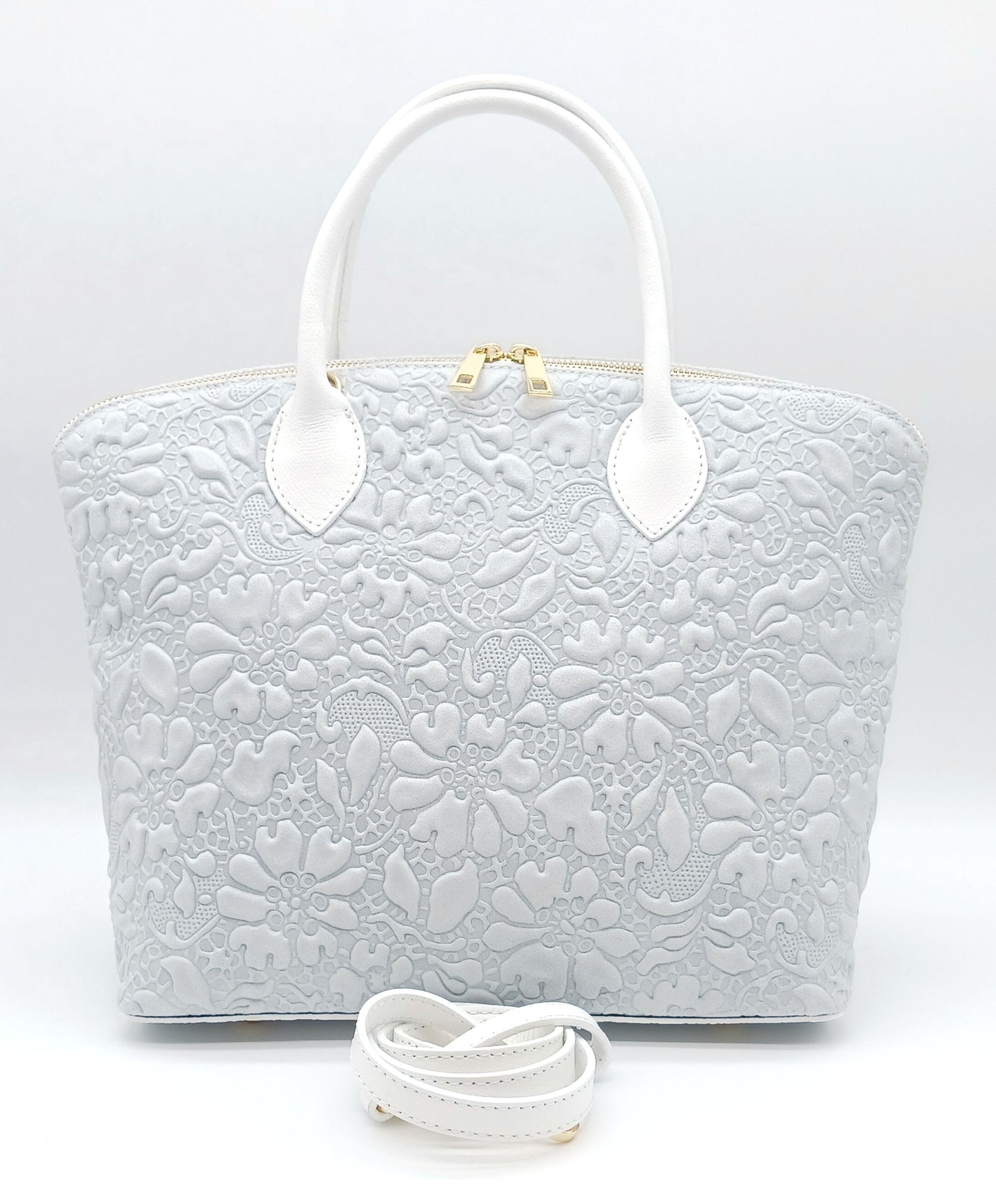 Light Gray Genuine Leather Floral Embossed Handbag Satchel – Made In Italy