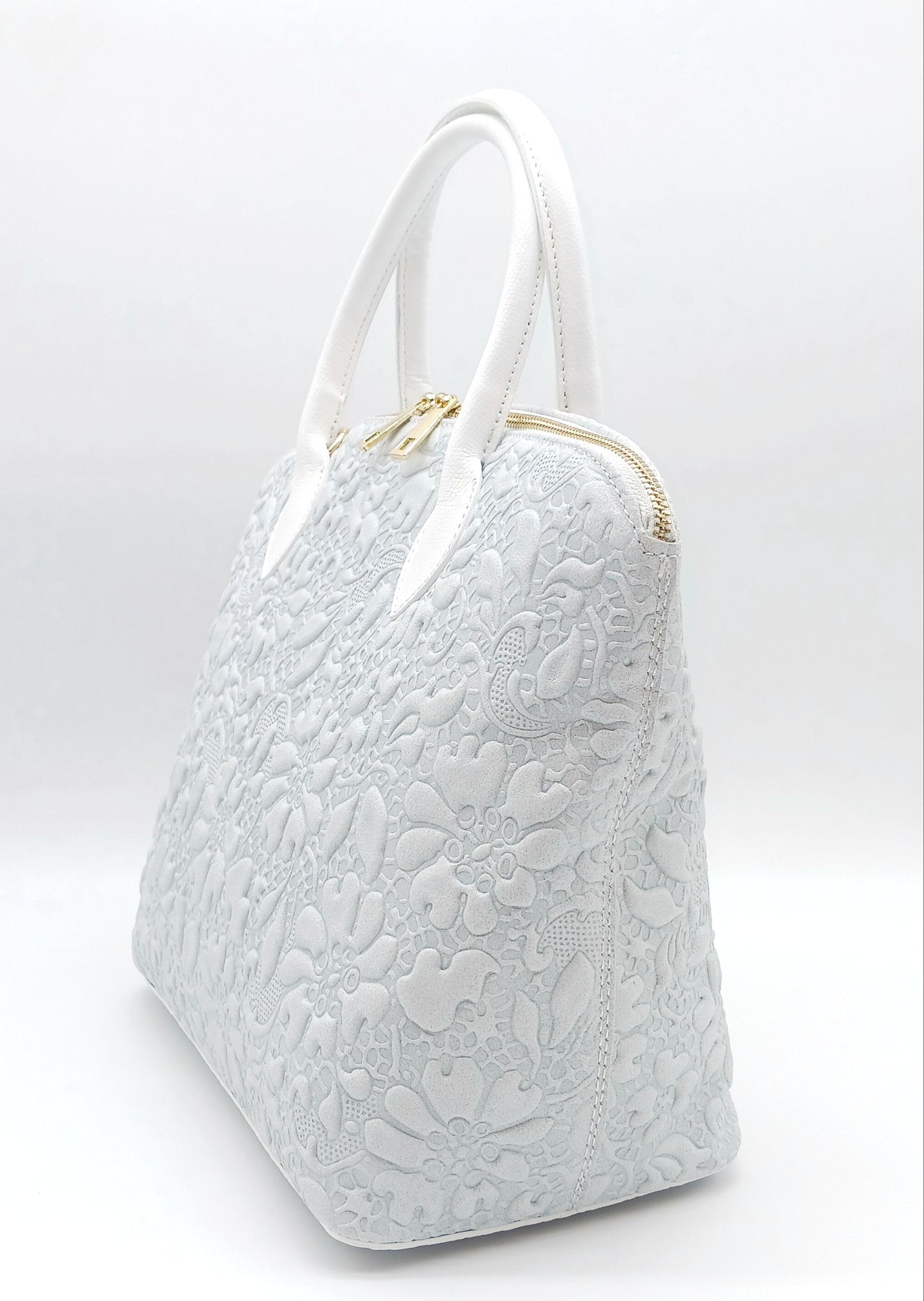 Light Gray Genuine Leather Floral Embossed Handbag Satchel – Made In Italy