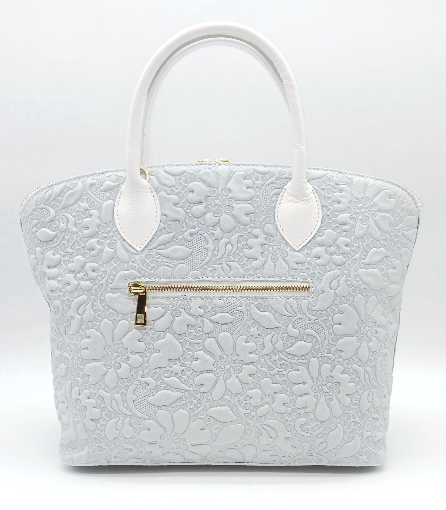 Light Gray Genuine Leather Floral Embossed Handbag Satchel – Made In Italy