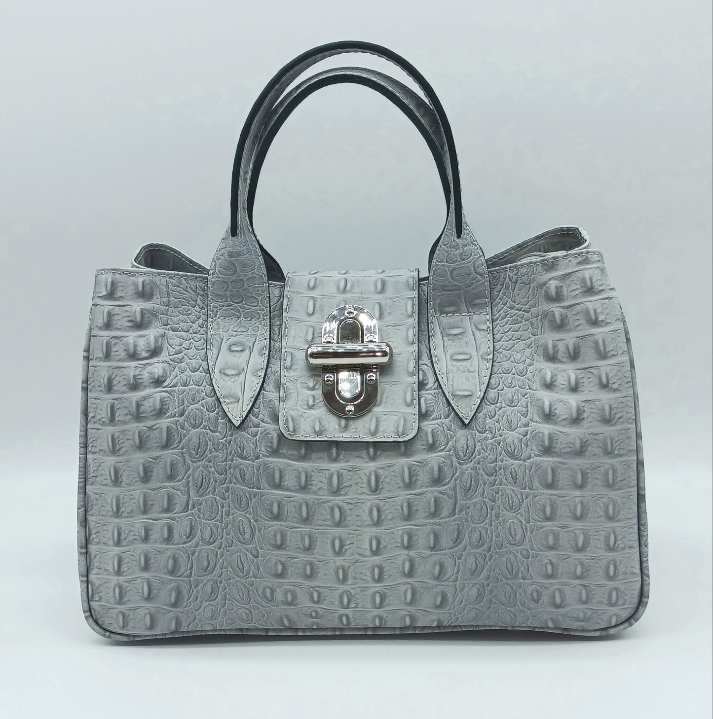 Genuine Leather Croc Embossed Satchel Handbag - Light Gray – Made In Italy
