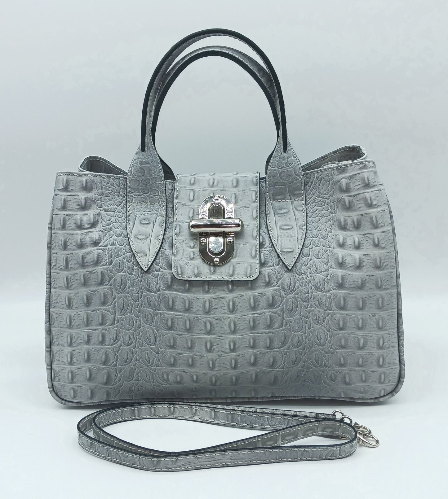 Genuine Leather Croc Embossed Satchel Handbag - Light Gray – Made In Italy