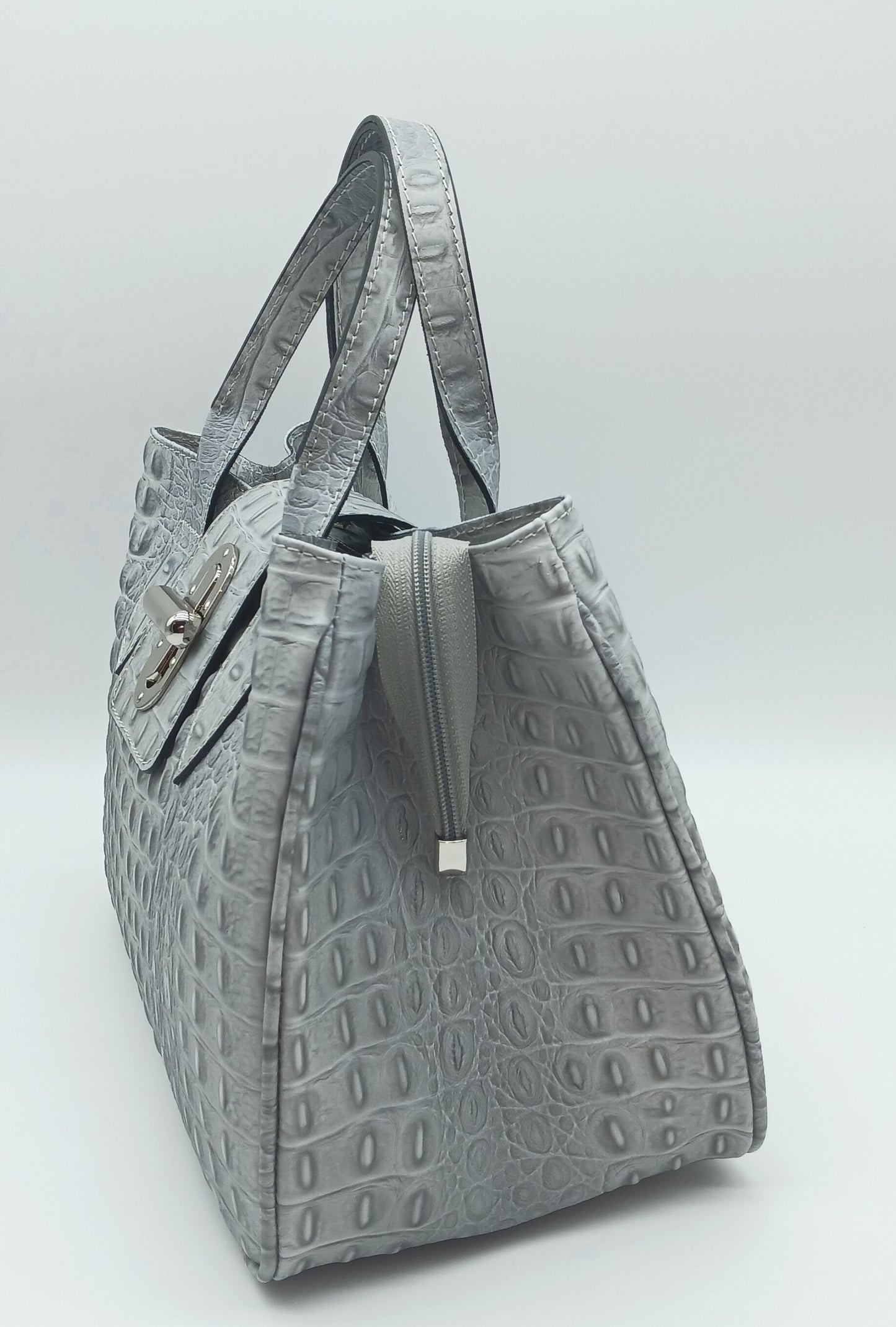 Genuine Leather Croc Embossed Satchel Handbag - Light Gray – Made In Italy
