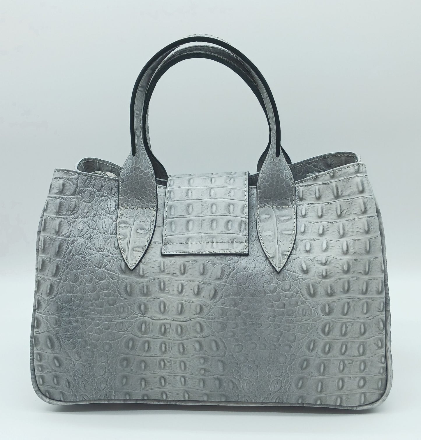 Genuine Leather Croc Embossed Satchel Handbag - Light Gray – Made In Italy