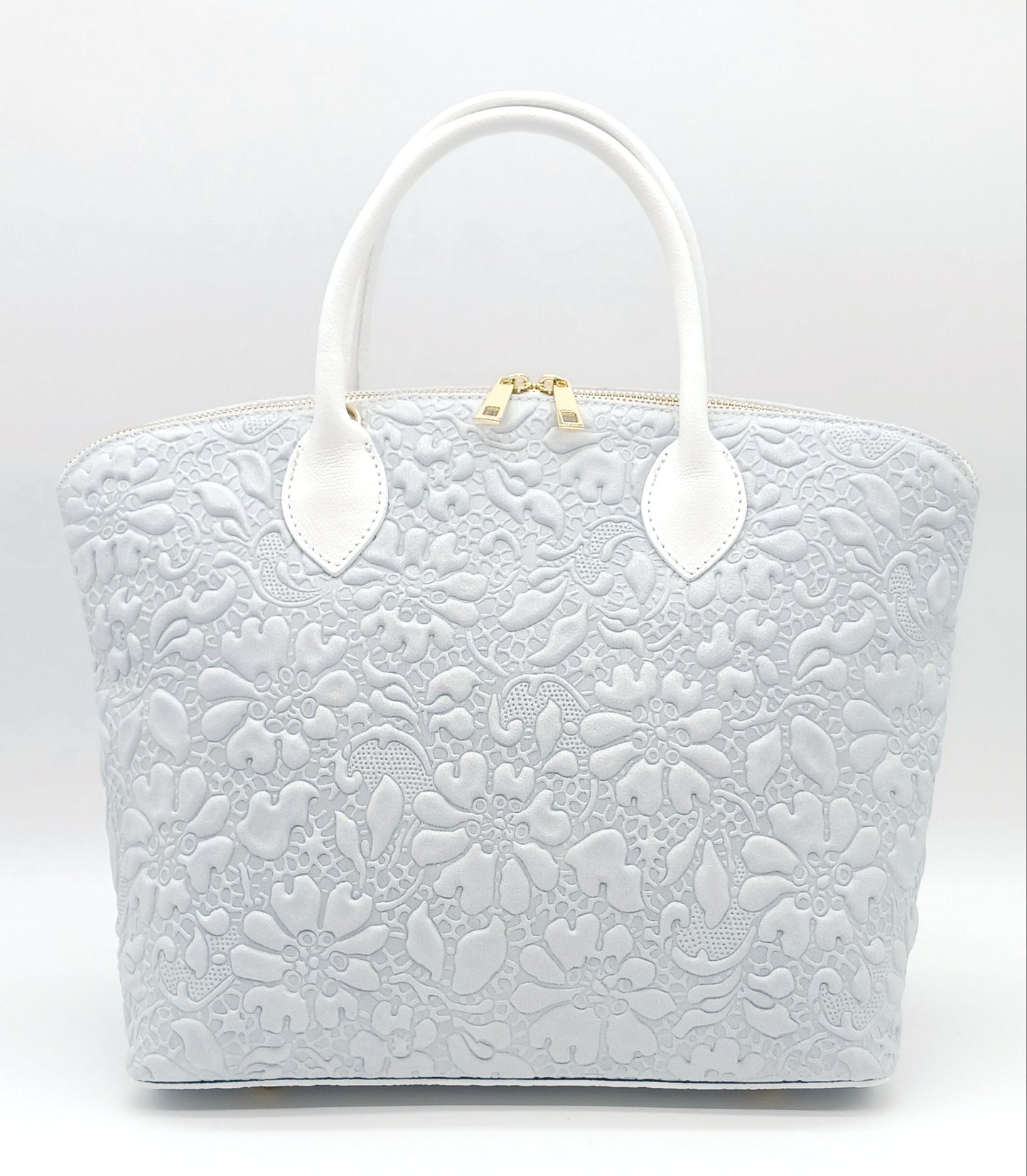 Light Gray Genuine Leather Floral Embossed Handbag Satchel – Made In Italy