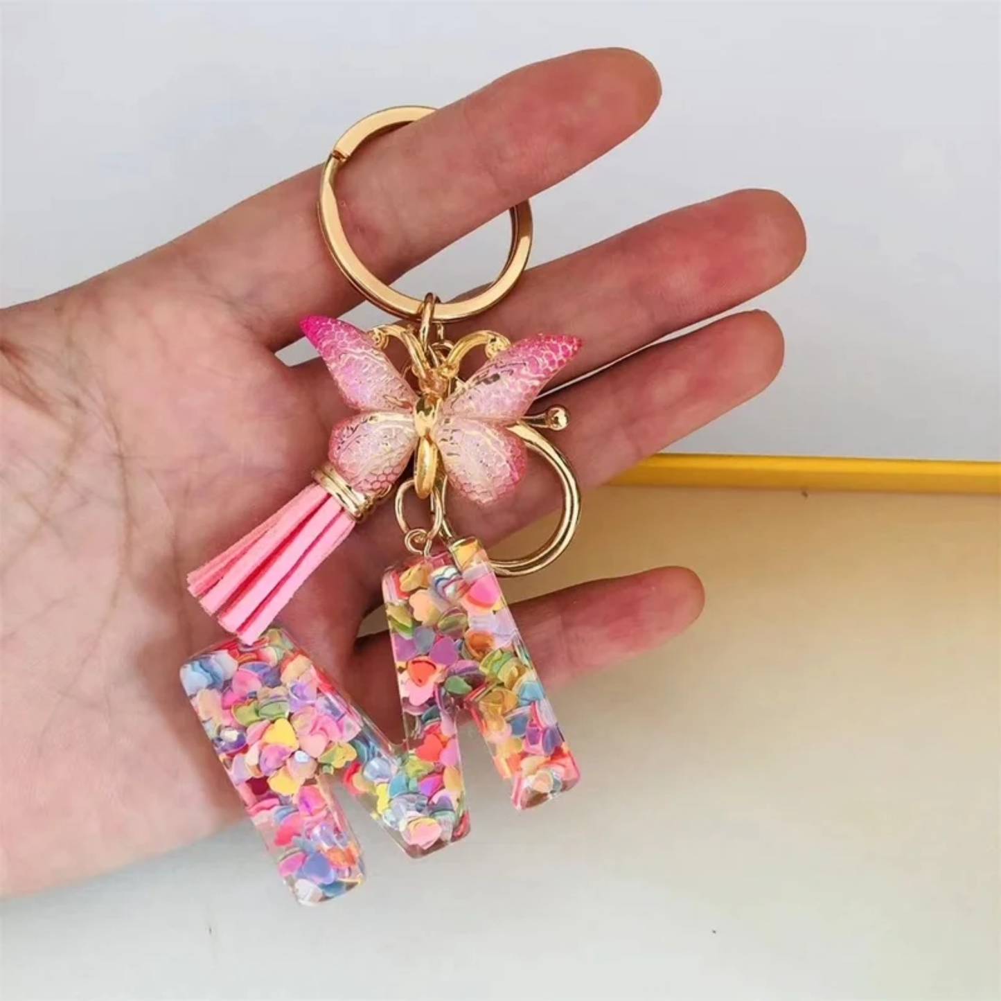 Pink Personalized Resin Alphabet Initial Tassel Butterfly Keychain Bag Charm