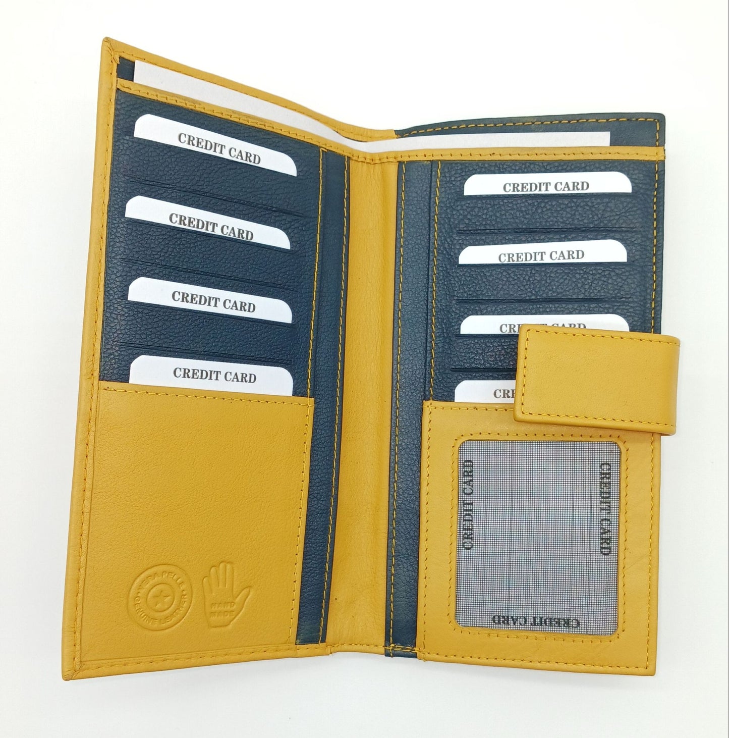 Italian Genuine Leather Wallet - Mustard Yellow/Navy Blue