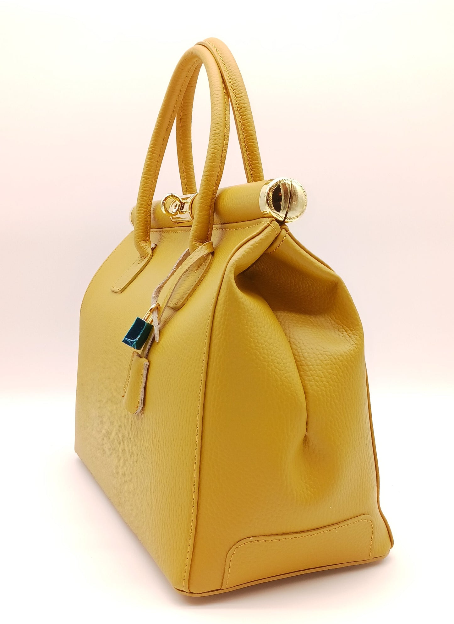 Lock & Key Genuine Pebble Leather Handbag Satchel - Mustard Yellow – Made In Italy