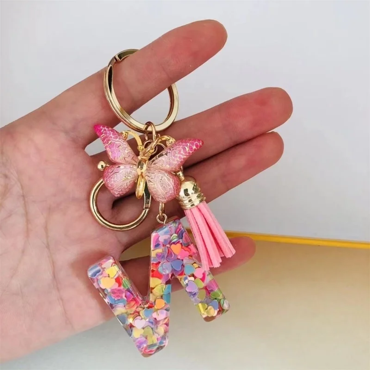 Pink Personalized Resin Alphabet Initial Tassel Butterfly Keychain Bag Charm
