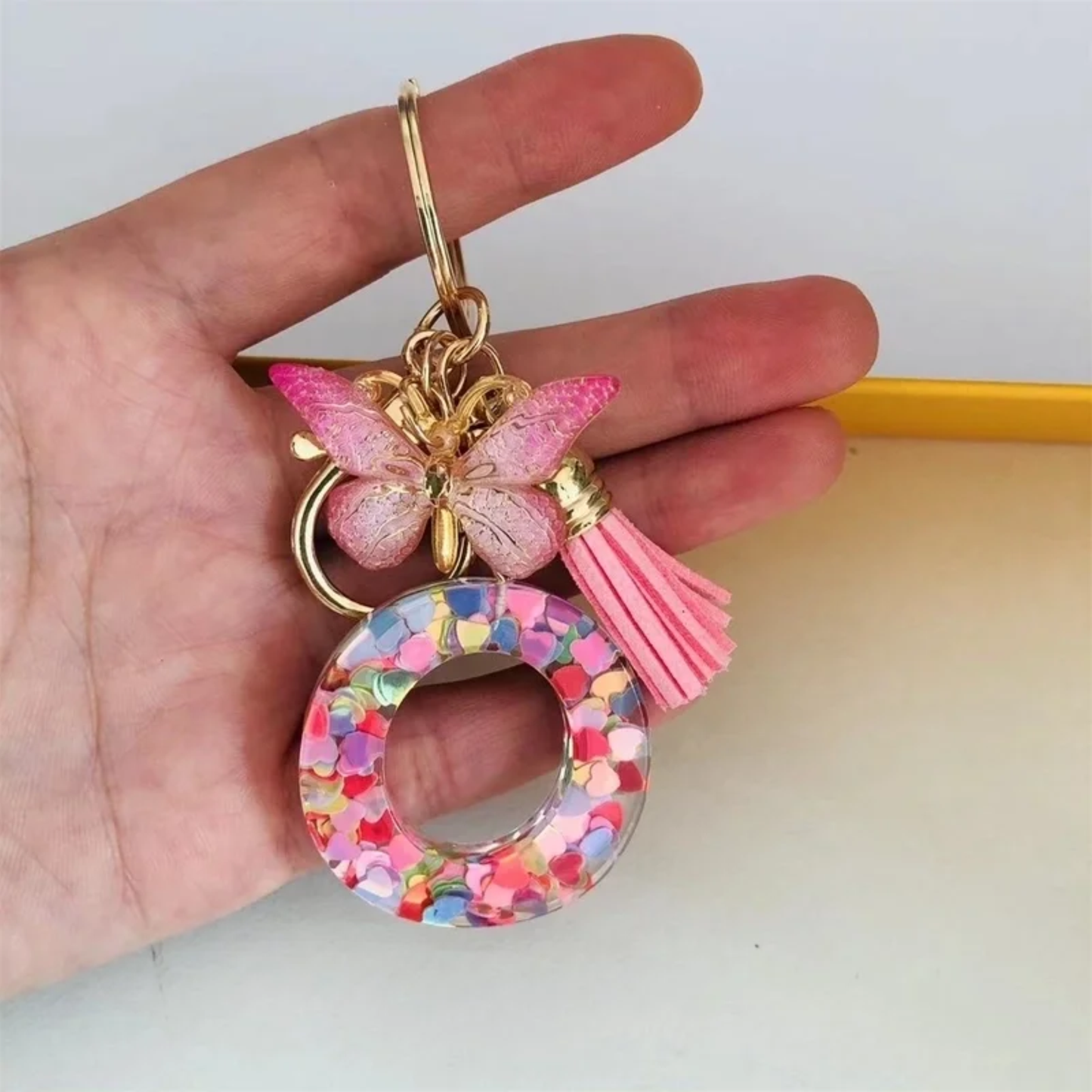 Pink Personalized Resin Alphabet Initial Tassel Butterfly Keychain Bag Charm