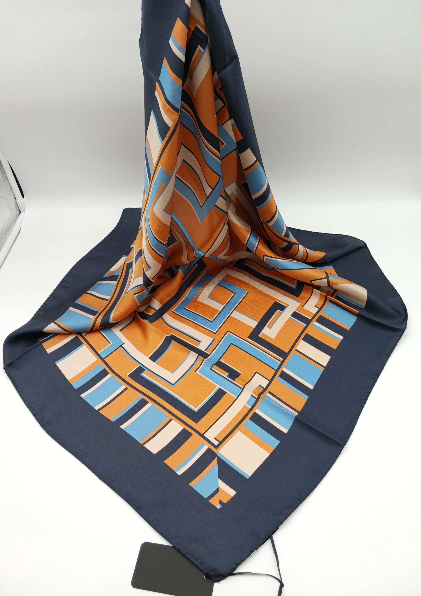 Geometrical Squares Silk Twill Square Scarf 35x35 – Made In Italy - Orange & Blue